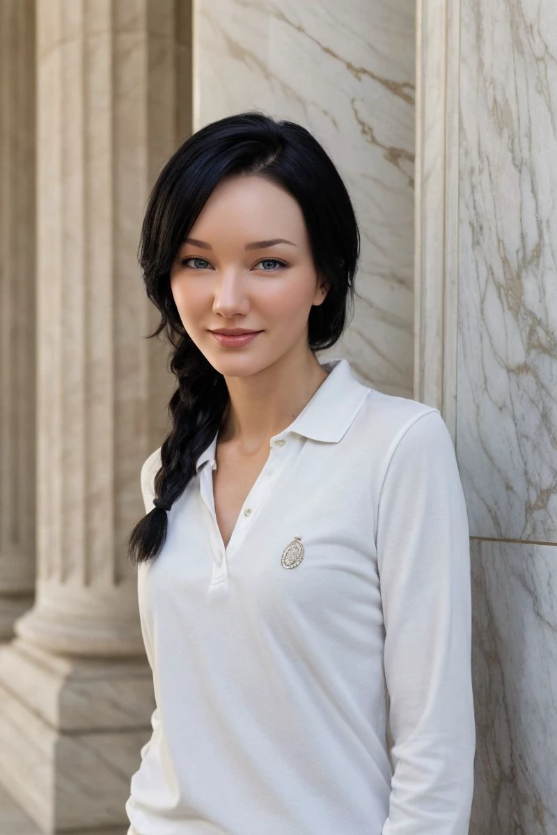 portrait of S559_LoreenA,an attractive woman,in front of a (marble wall:1.1),wearing a (polo shirt),(smiling),(braid),(4k, RAW photo, best quality, 50mm, depth of field, ultra high res:1.1),(intricate, photorealistic, cinematic-shot, masterpiece, ultra-detailed:1.1),