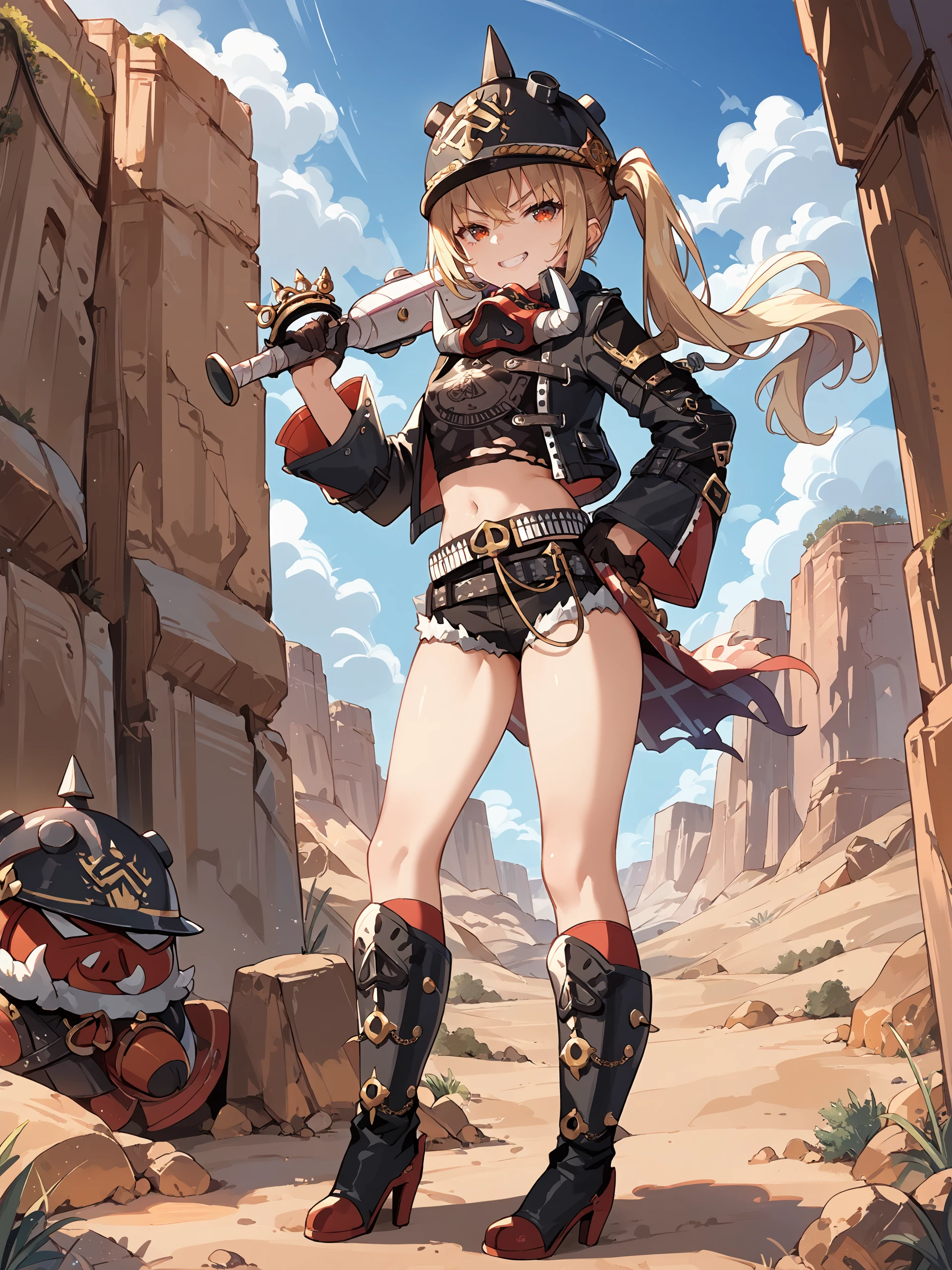 1girl, luciana de montefio, side ponytail, black helmet, cutoffs, half gloves, high belt, cropped jacket, mask around neck, black camisole, sarong, knee boots, red socks, full body, standing, grin, v-shaped eyebrows, looking at viewer, hand on hip, outdoors, desert <lora:Char-ZZZ-Lucy-Pony-V1:0.9>, score_9, score_8_up, score_7_up, source_anime