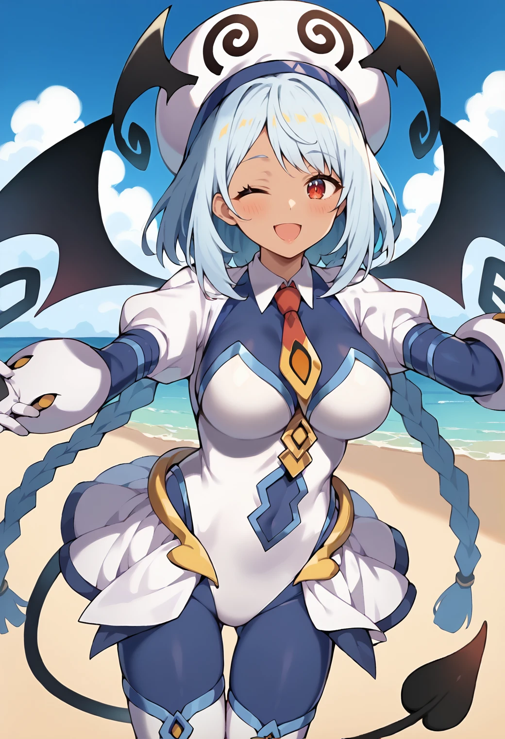 score_9, score_7_up, hd, (ultra hd quality details), source_anime, outdoors, beach,
solo, 1girl, white hair, [blue hair], braid, hairband, dark-skinned female, red eyes, long hair, twin braids, large breasts, 
lalabodysuit, blue bodystocking, hat, demon wings, demon tail, white leotard, puffy sleeves, white gloves, red necktie, showgirl skirt,
looking at viewer, blush, smile, open mouth, one eye closed,  
cowboy shot, spread arms,
<lora:_lalas_bodysuit-elesico-pony-05:1>   <lora:mualani_genshin_impact_pdxl_goofy:0.85>