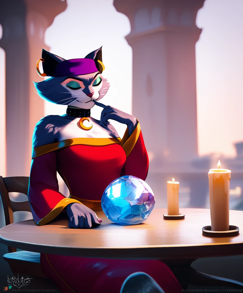 score_9, score_8_up, score_7_up, score_6_up, score_5_up, score_4_up, realistic, cinematic lighting, edge lighting, msfortune, female, cat, bandana, collar, makeup, closed eyes, dress, sitting behind table, candle, crystal ball, finger to mouth, apartment building, by elysianelly, <lora:MsFortuneXL_03-Pony-nd32-lr2e-4-Ep08:1>