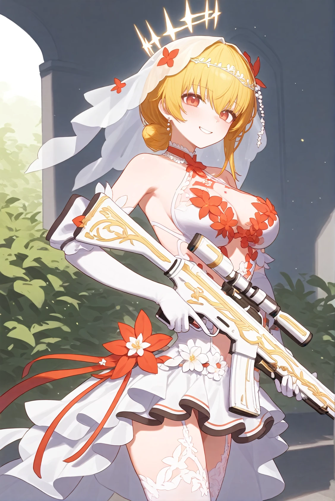 fenny golden, fenny golden - starshine (flourish of heart), 1girl, weapon, gun, solo, dress, holding weapon, holding, short hair, elbow gloves, holding gun, rifle, smile, looking at viewer, assault rifle,<lora:fenny:0.9> ,best quality,amazing quality,very aesthetic,absurdres,masterpiece,best quality,amazing quality,very aesthetic,absurdres,masterpiece,[artist:ciloranko],[artist:ningen mame],{{artist:sushineko8}},(artist:tianliangduohefangdongye:1),, best quality,amazing quality,very aesthetic,absurdres,masterpiece,[artist:ciloranko],[artist:ningen mame],{{artist:sushineko8}},(artist:tianliangduohefangdongye:1)