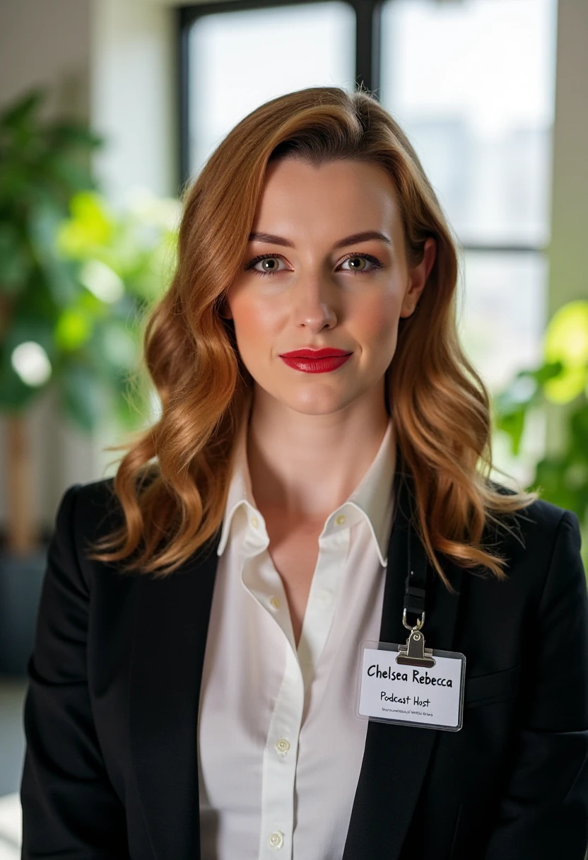 A portrait photo of carebecc, a woman. She is looking straight at the viewer with a serious and stern expression on her face. Her eyebrows are drown down. She is wearing red lipstick. Her mouth is closed, her lips are firmly pressed together. She is wearing a professional white shirt and a black business suit. A simple ID badge with black text name "Chelsea Rebecca" and title "Podcast Host" is clipped to the suit jacket. The background is blurry and shows a modern office with house plants. Sunlight is shining through large windows.