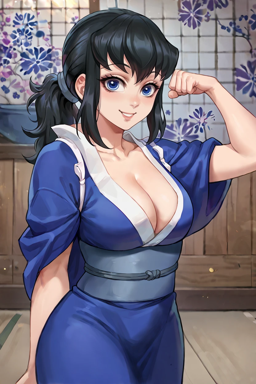 score_9,score_7_up, BREAK ict style, suma, 1girl, solo, ponytail, black hair, blue eyes, sidelocks, medium breasts, japanese clothes, looking at viewer, cowboy shot, blue kimono, bangs, grey obi, collarbone, indoors, wooden room, cowboy shot,sleeves rolled up, white tanuki, smile,looking at viewer,flexing, arm up, arm at side,  cleavage, (from side:0.7), pot, nose, lips,east asian architecture,      <lora:SumaPonyV2:1>