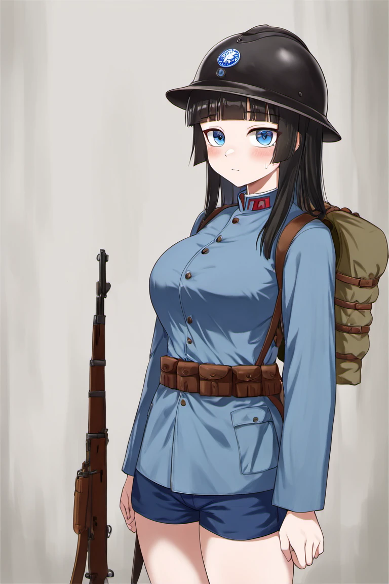 people,characters,copyright,style,general tags,rating,masterpiece,best quality,good quality,newest,
<lora:NRAuniform-v3IL:1>,
1girl,standing,long hair,black hair,hime cut,blunt bangs,blue eyes,large breasts,narrow waist,wide hips,teenage girl,slim sexy body,cowboy shot,face focus,
NRA1926,FR helmet,french helmet,helmet badge,rifle,
bolt_action,blue uniform,short pants,NRA soldier,backpack,
leg wrappings,leg_wrap,infantryman's puttee,black shoes,NRA soldier,closed mouth,blush,nervous,