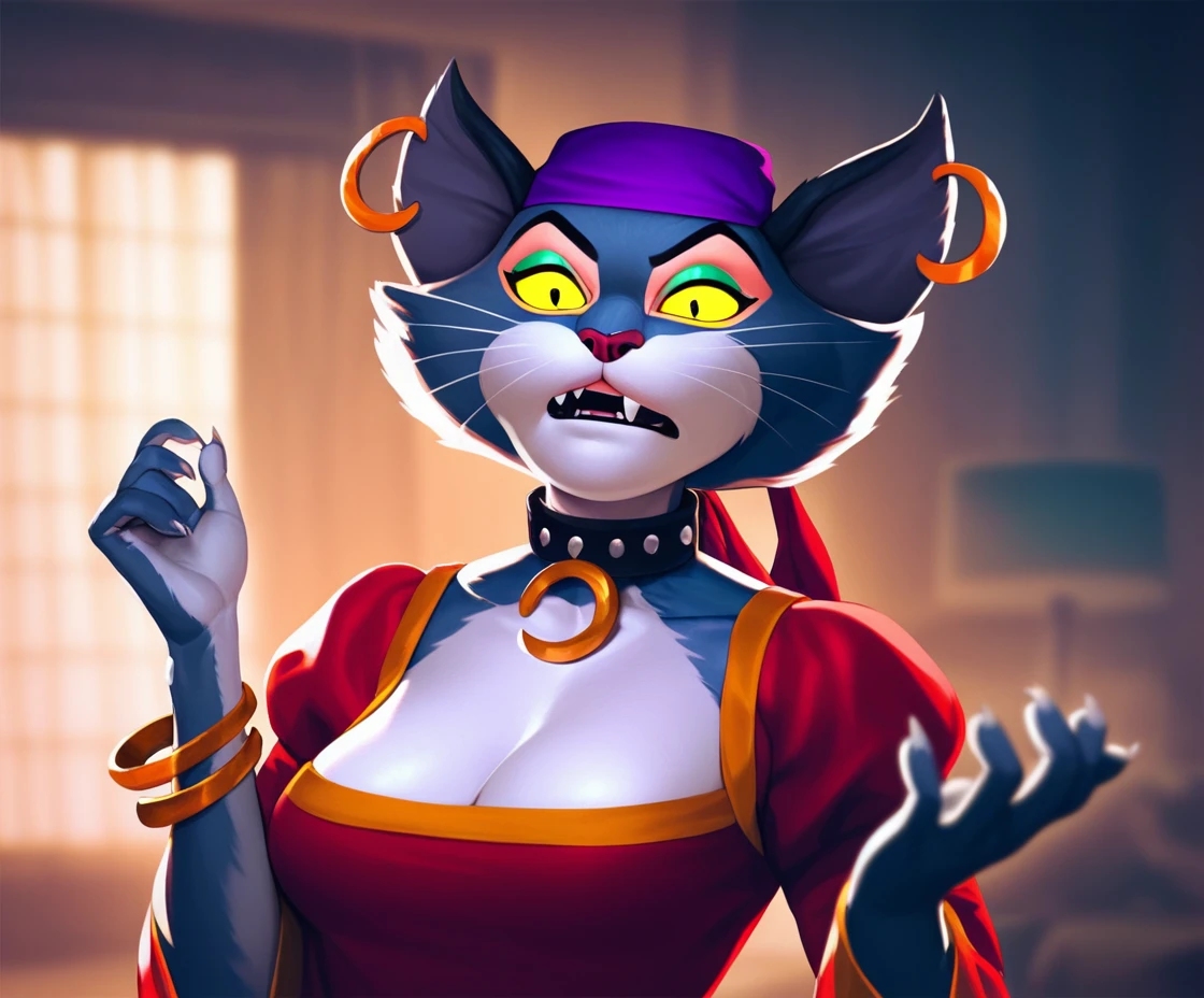 score_9, score_8_up, score_7_up, score_6_up, score_5_up, score_4_up, realistic, cinematic lighting, edge lighting, msfortune, female, anthro cat, bandana, collar, makeup, yellow sclera, dress, surprise, spiral eyes,  living room, by Blackfox85, <lora:MsFortuneXL_03-Pony-nd32-lr2e-4-Ep08:1>