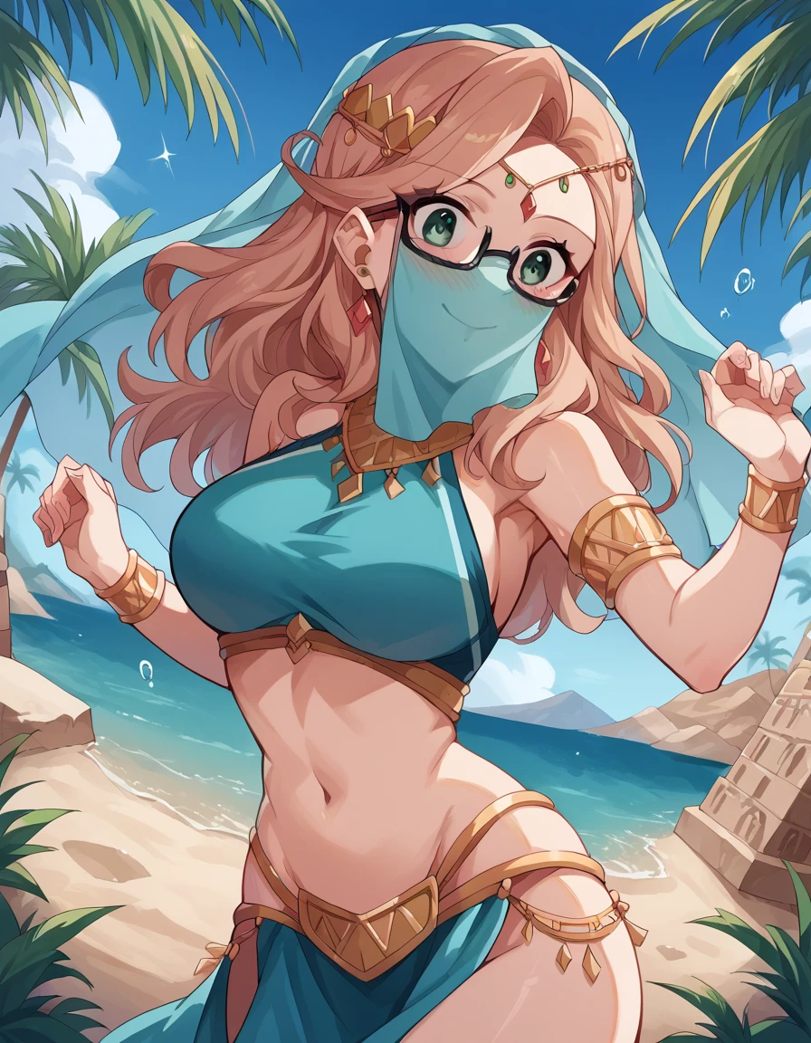 score_9, score_8_up, score_7_up, source_anime, <lora:karameel-100yq-ponyxl-lora-nochekaiser:1>, karameel, long hair, brown hair, green eyes, glasses, large breasts,, <lora:arabian-clothes-ponyxl-lora-nochekaiser:1>, arabian clothes, dancer, mouth veil, belly dancing, veil, armlet,, desert, oasis, palm tree, water, dancing, smile, blush,, , dutch angle,