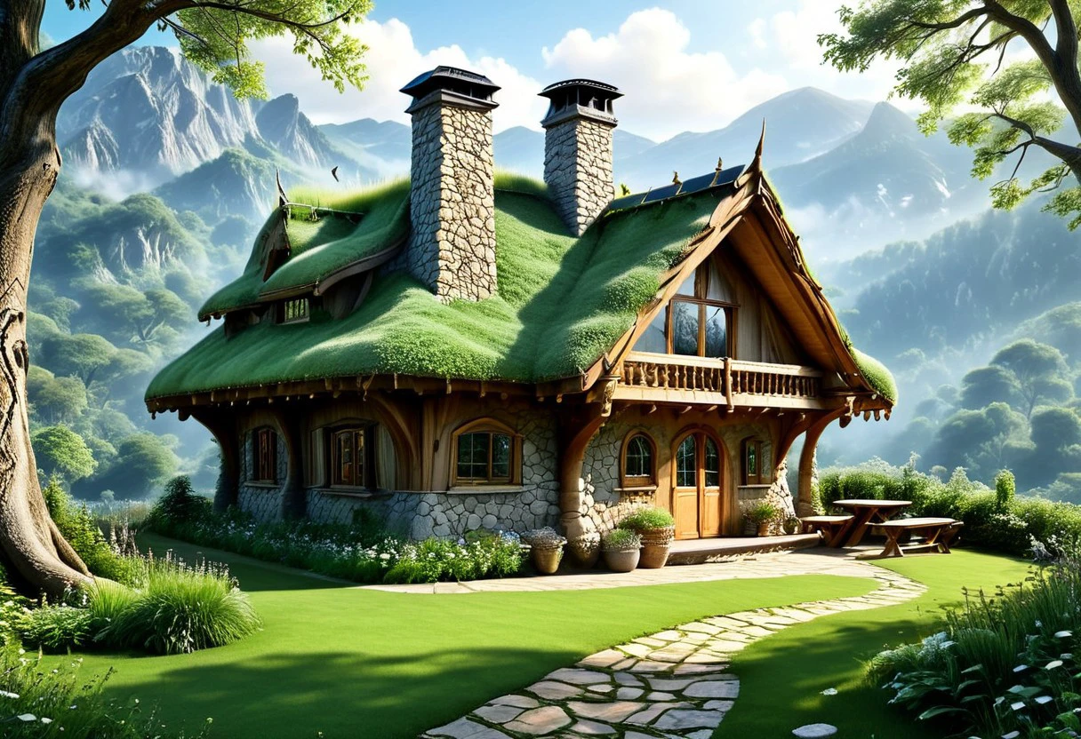 in front hangs a one-story fabulously magical house of a fairy, a wizard, a wizard, built of wood, covered and merged with nature, the roof reaches the ground and is completely covered with grass and green grass, a large veranda. from in front of a table and chairs made of branches, a large barbecue, windows, stone chimney, spacious inside, avant-garde ecologically independent house merging with nature built from natural materials found in nature, fantastic fairytale style, photorealism, sense of harmony and tranquility, relaxation, fantasy and magic, magic, paradise