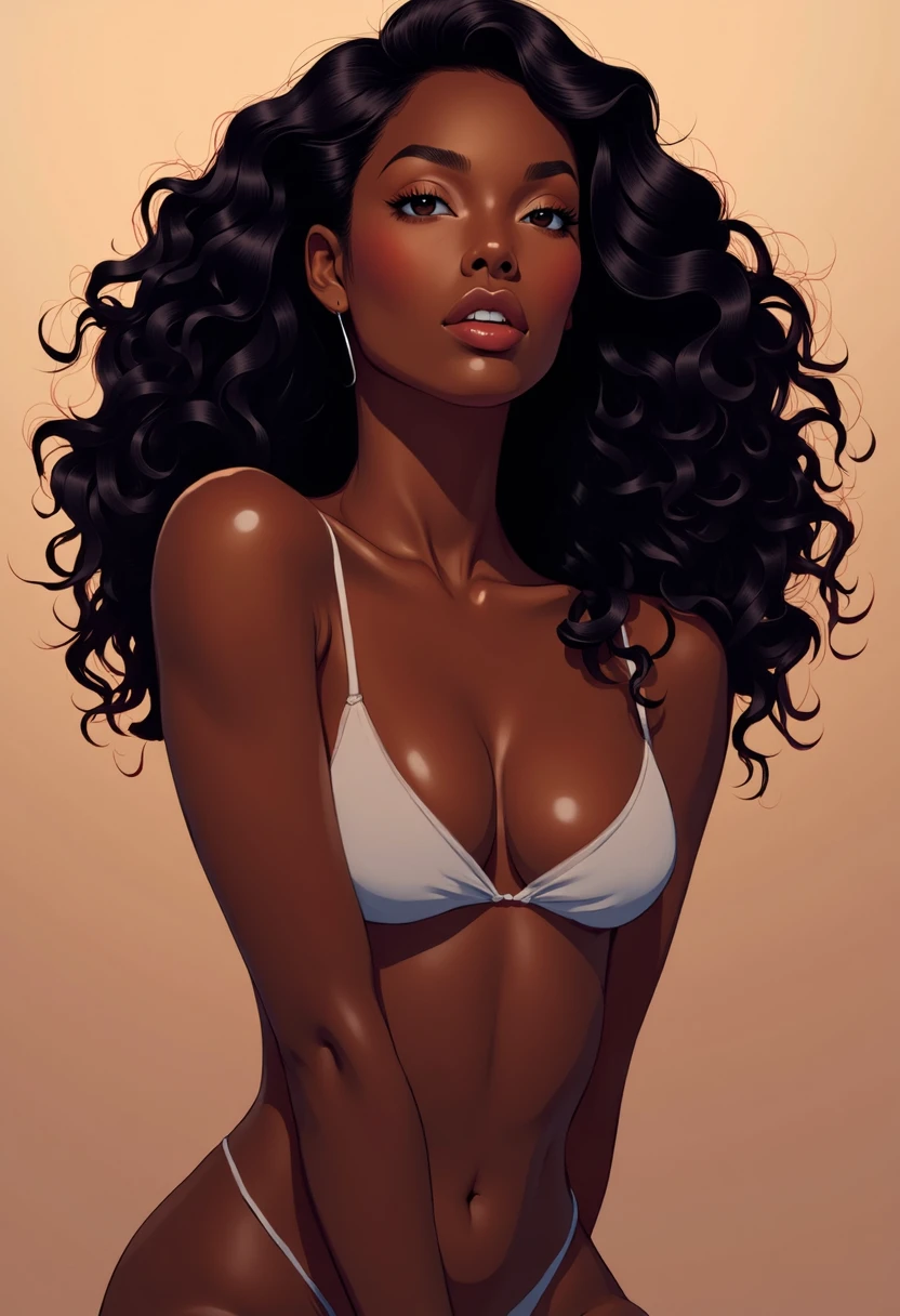 A minrill illustration of seductive pinup, dark skin, stunning eyes, thick curly hair, crisp linework, painterly shading, single gradient background