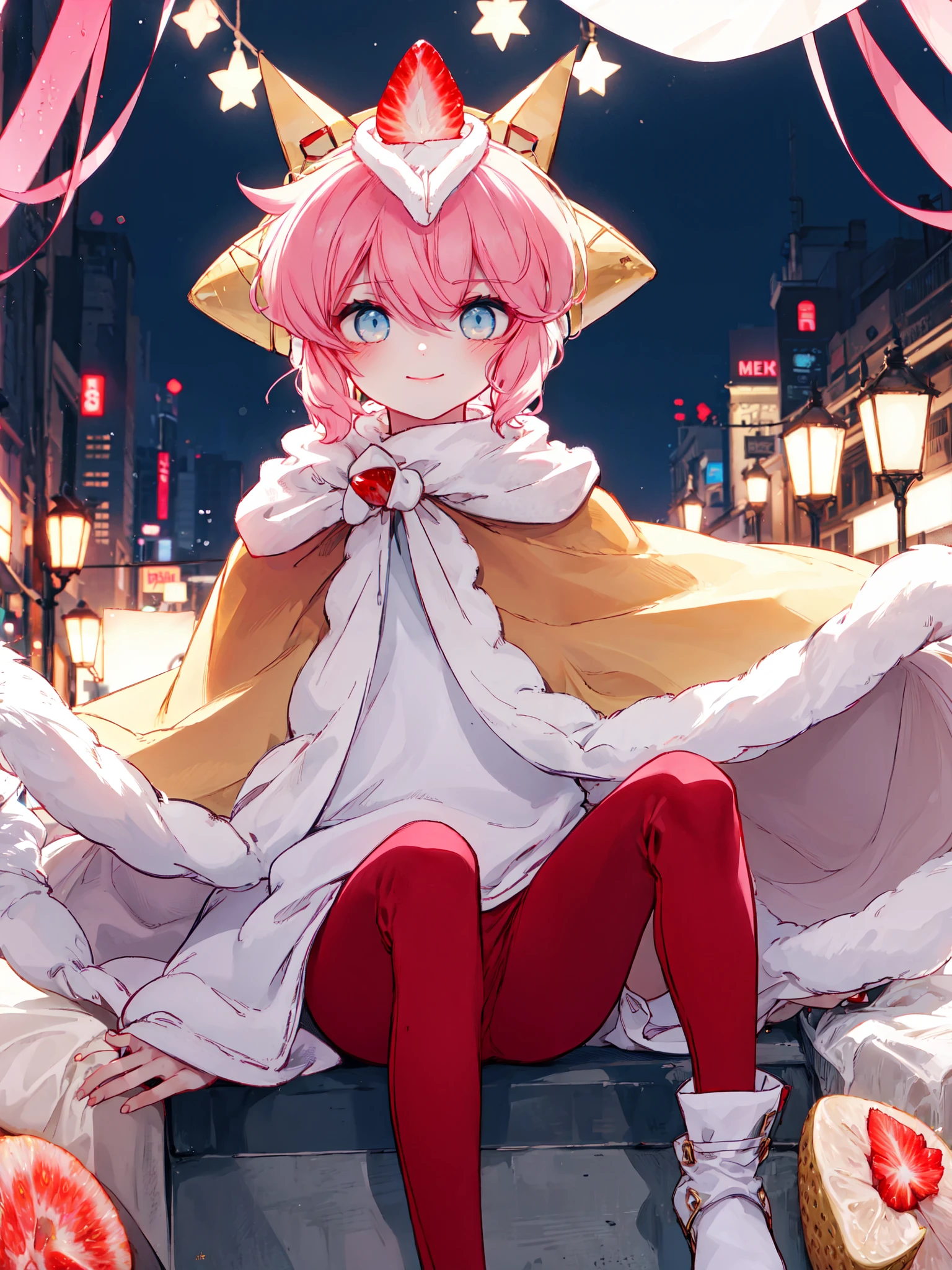 <lora:StrawCrepe5:0.8> SBCC, androgynous, short hair, fur-trimmed capelet, gold headgear, strawberry hair ornament BREAK, white shirt, volumetric lighting, solo, <lora:GoodHands-vanilla:1>, smile, outdoors, cone earmuffs, dynamic pose, floating, red pants, field, white footwear, full body, long sleeves,
best quality, masterpiece, high quality, highres
