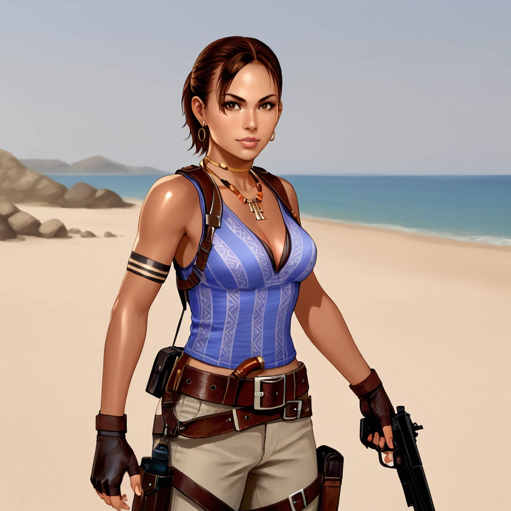 <lora:shevare5_pony_v1:0.75> shevaalomar, 1girl, fingerless gloves, medium breasts, belt, cleavage, dark-skinned female, dark skin, brown hair, jewelry,   earrings, breasts, holster, tank top, ponytail, necklace, lips, short hair, armband, cowboy shot