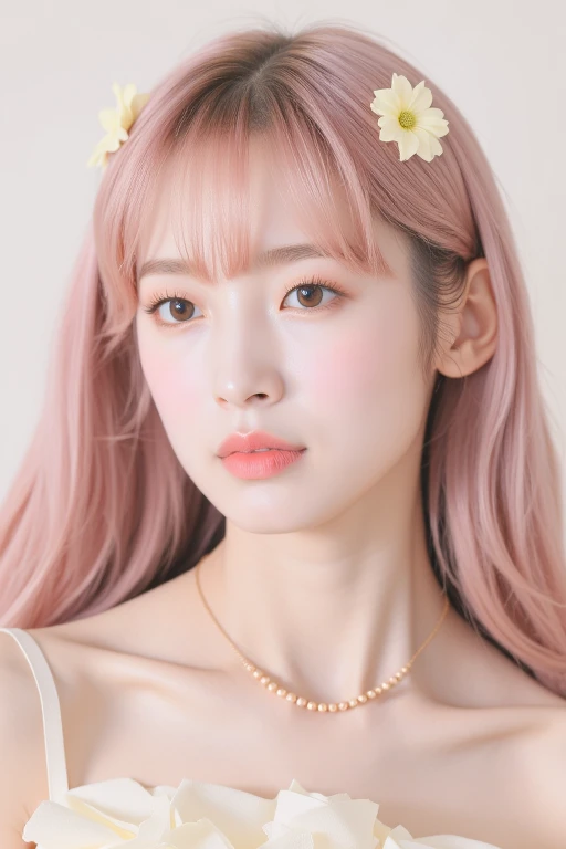 a high-resolution, softly lit photograph featuring a young Asian woman with a delicate, ethereal appearance. She has long, wavy hair in a soft pink hue, styled with bangs that frame her face. Her skin is a smooth, pale complexion, and her eyes are a striking feature, with a subtle, shimmery effect that catches the light. Her lips are painted a soft, muted pink, and she wears a delicate, beaded necklace around her neck. The background is a soft, creamy white, which helps to emphasize the subject's delicate features and the soft pastel colors of her hair and accessories. The image is rich in texture and detail, with a focus on the subject's serene and dreamy expression. The overall aesthetic is whimsical and romantic, evoking a sense of innocence and vulnerability. The photograph's soft focus and pastel colors create a dreamy, ethereal atmosphere, perfect for a fantasy or fairy tale-inspired setting. The subject's delicate features and accessories, such as the floral headpiece, add to the enchanting and otherworldly quality of the image. The style is reminiscent of high-fashion photography, with a focus on delicate, feminine beauty. <lora:Tissue_Arin_Flux_v1.1-LowRep:1>