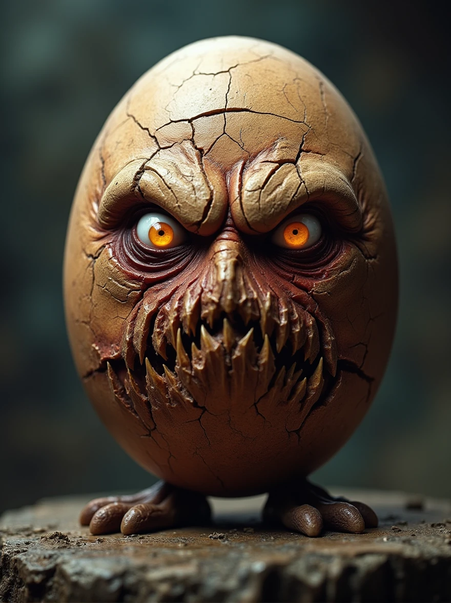 angry egg killing the viewer with his eyes,epic, cinematic, brilliant, grim but funny, intricate meticulously detailed, sharp focus, digital matte painting, fantastical, hyperrealistic masterwork