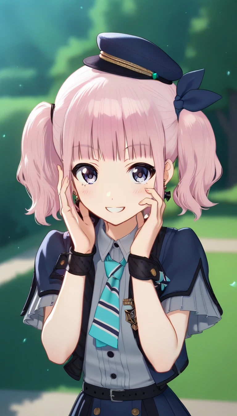 score_9,score_8_up,score_7_up,score_6_up BREAK official art,solo,outdoors,upper body,(portrait:1.5),looking at viewer,facing viewer,smile,blush,Hina,mini hat,blue headwear,medium hair,pink hair,short twintails,hair ribbon,blue ribbon,earrings,sidelocks,blunt bangs,grey eyes,blue jacket,cropped jacket,aqua necktie,striped necktie,short necktie,grey shirt,collared shirt,short sleeves,wristband,shirt tucked in,black belt,belt buckle,blue skirt,pleated skirt,frills,white socks,loafers,<lora:Hina(gbc)-Pony:1.5>,