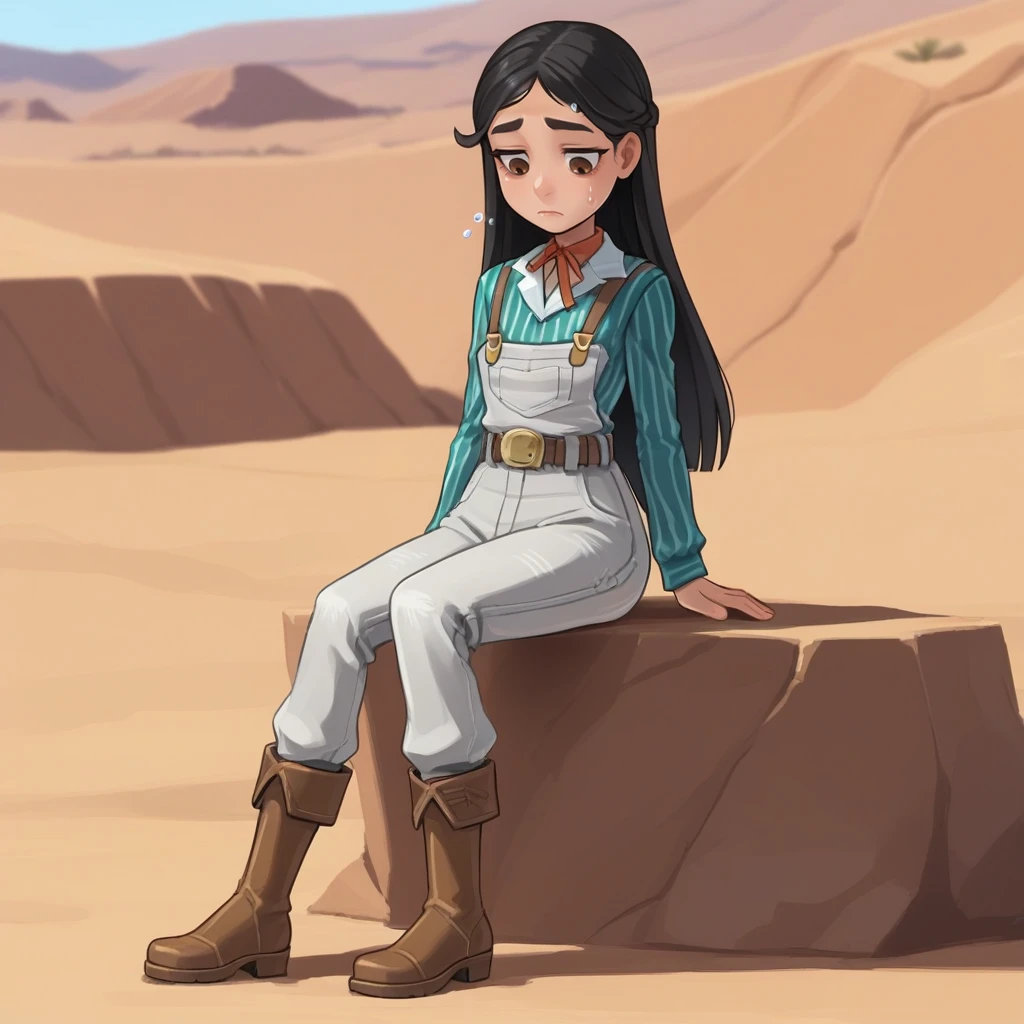 score_9, score_8_up, score_7_up, score_6_up, score_5_up, score_4_up, zPDXL2,source_anime,rating_questionable,  1girl,  looking down, outdoors,sitting, desert, sweat, tired, sweaty, <lora:Mi-an_-_My_Time_at_Sandrock:0.8> Mi-an_MTaS,  long hair,black hair, brown eyes, brown boots, long sleeves, overalls,  striped shirt,  pants, belt