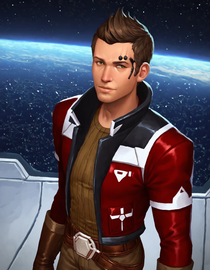 score_9, score_8, score_7_up, score_6, score_5, score_4, detailed eyes, spacecraft, night sky
BREAK 1boy, solo, <lora:Pony - Theron Shan (SWTOR) 2_epoch_13:0.75>, (theronshan, fauxhawk, brown hair, male, olive eyes, face implant, red jacket, brown gloves, brown shirt, belt, brown pants, black boots) close-up view, portrait, face, looking at viewer, <lora:penguinv2:0.7>