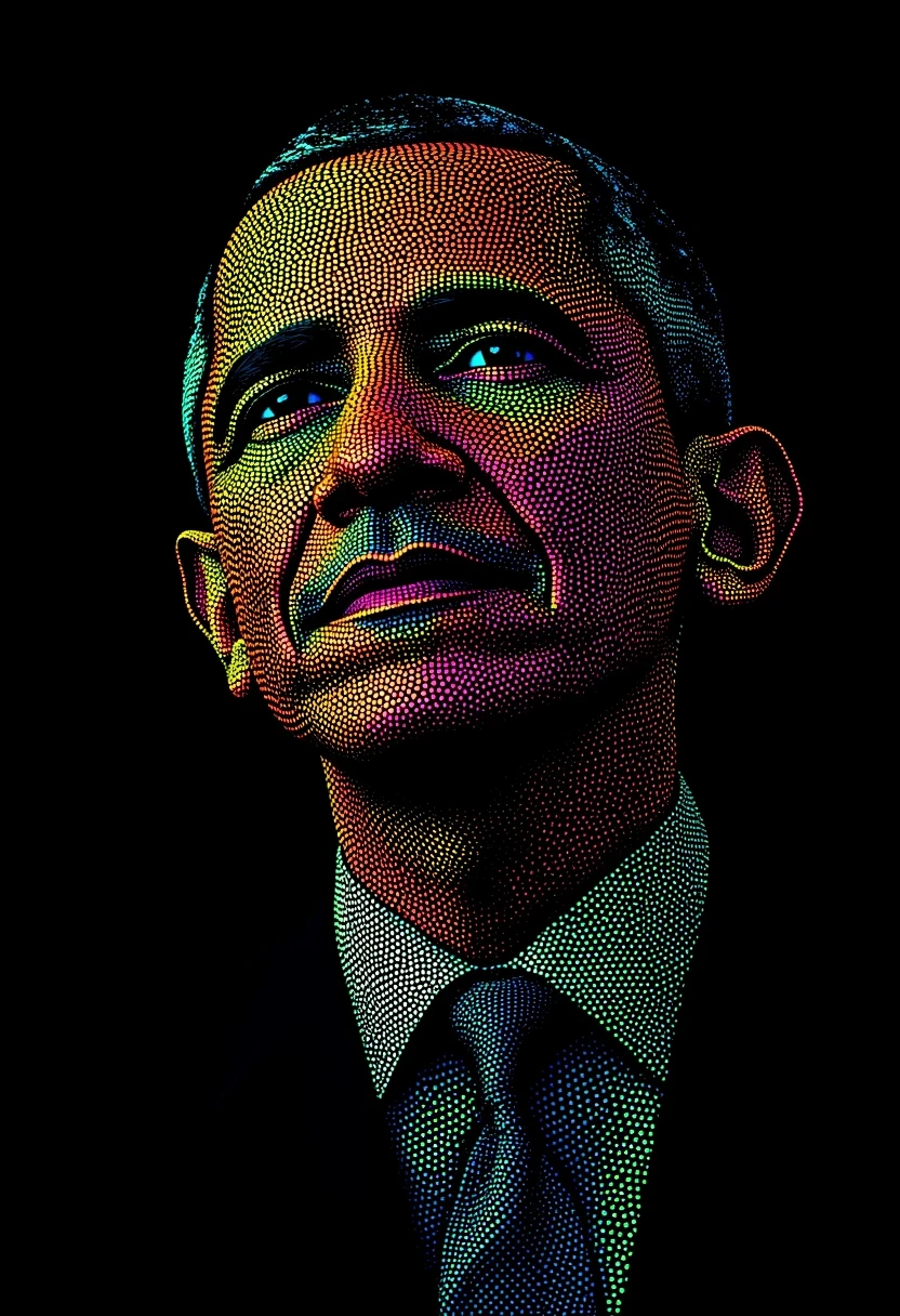 Barack Obama, made from glowing dots, in the style of PSYCHDOT, isolated on a solid black background