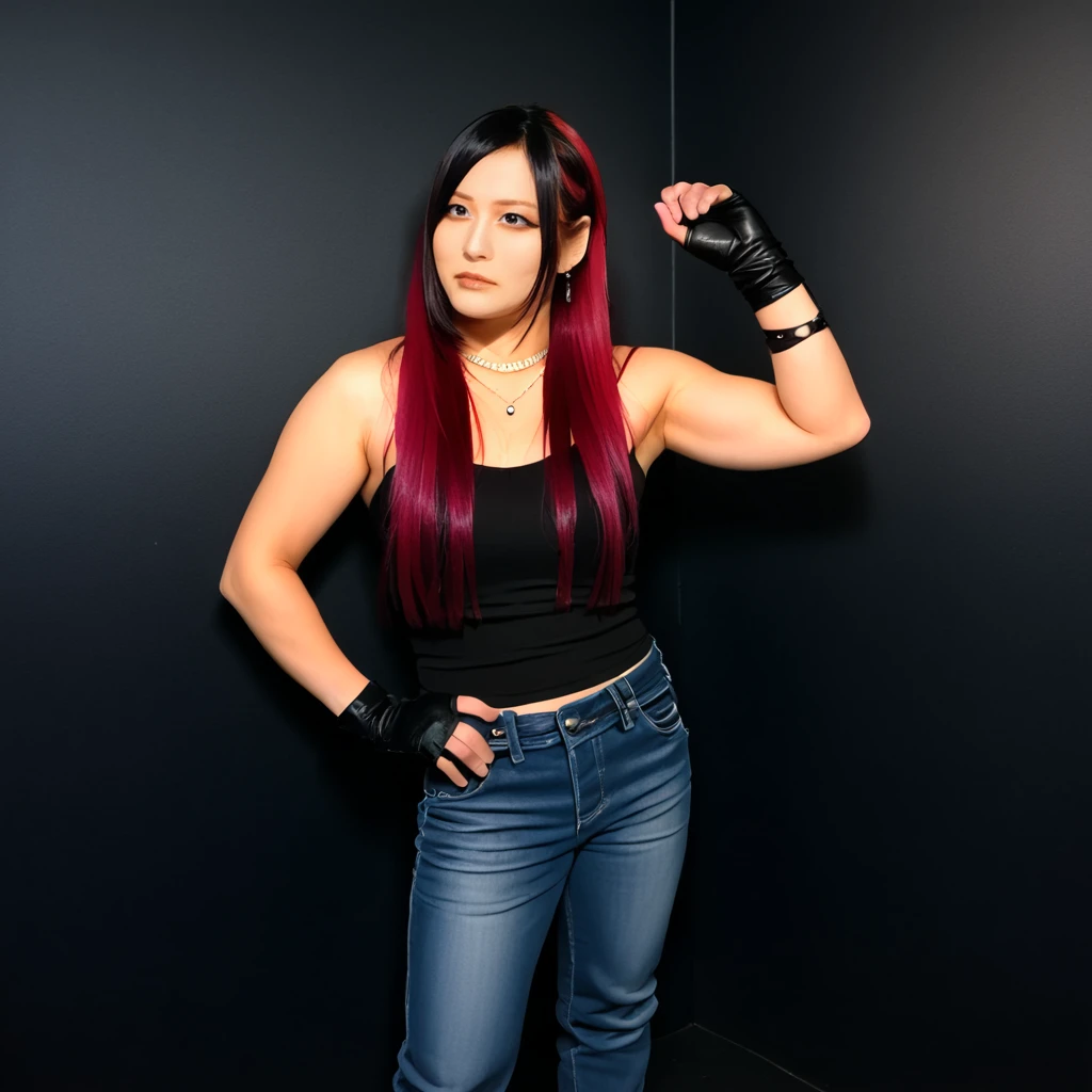 <lora:Pony_-_IYO_SKY:1>, 1yosky,1girl, solo, multicolored hair, gloves, pants, jewelry, red hair, fingerless gloves, black hair, necklace, long hair, two-tone hair, jeans, earrings, denim, tank top