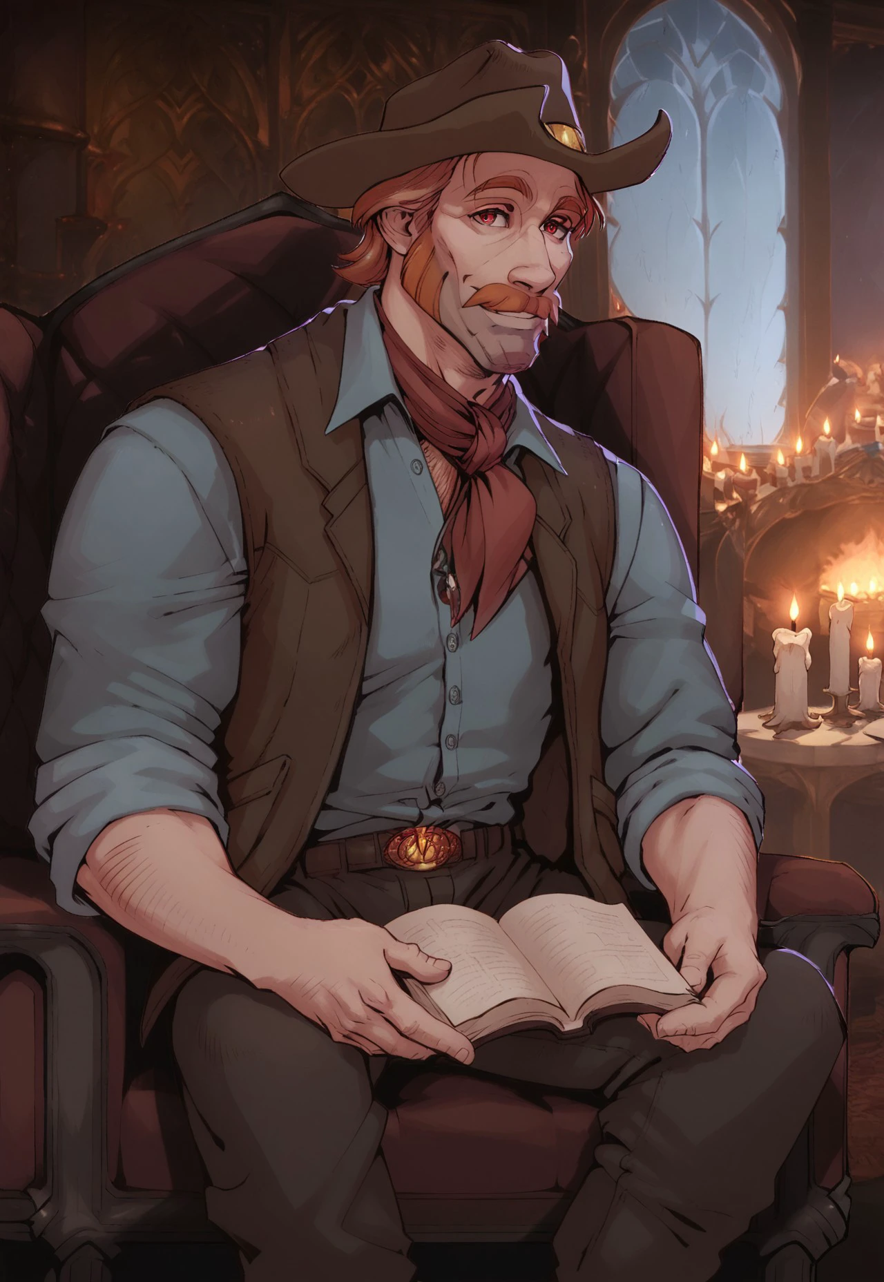 score_9, score_8_up, sam walls, cowboy hat, redhead, neckerchief, mustache, red eyes, facial hair, vest, shirt, upper body, smile, castle, candles, window, moon, looking at viewer, sitting on chair, reading a book, fireplace, 