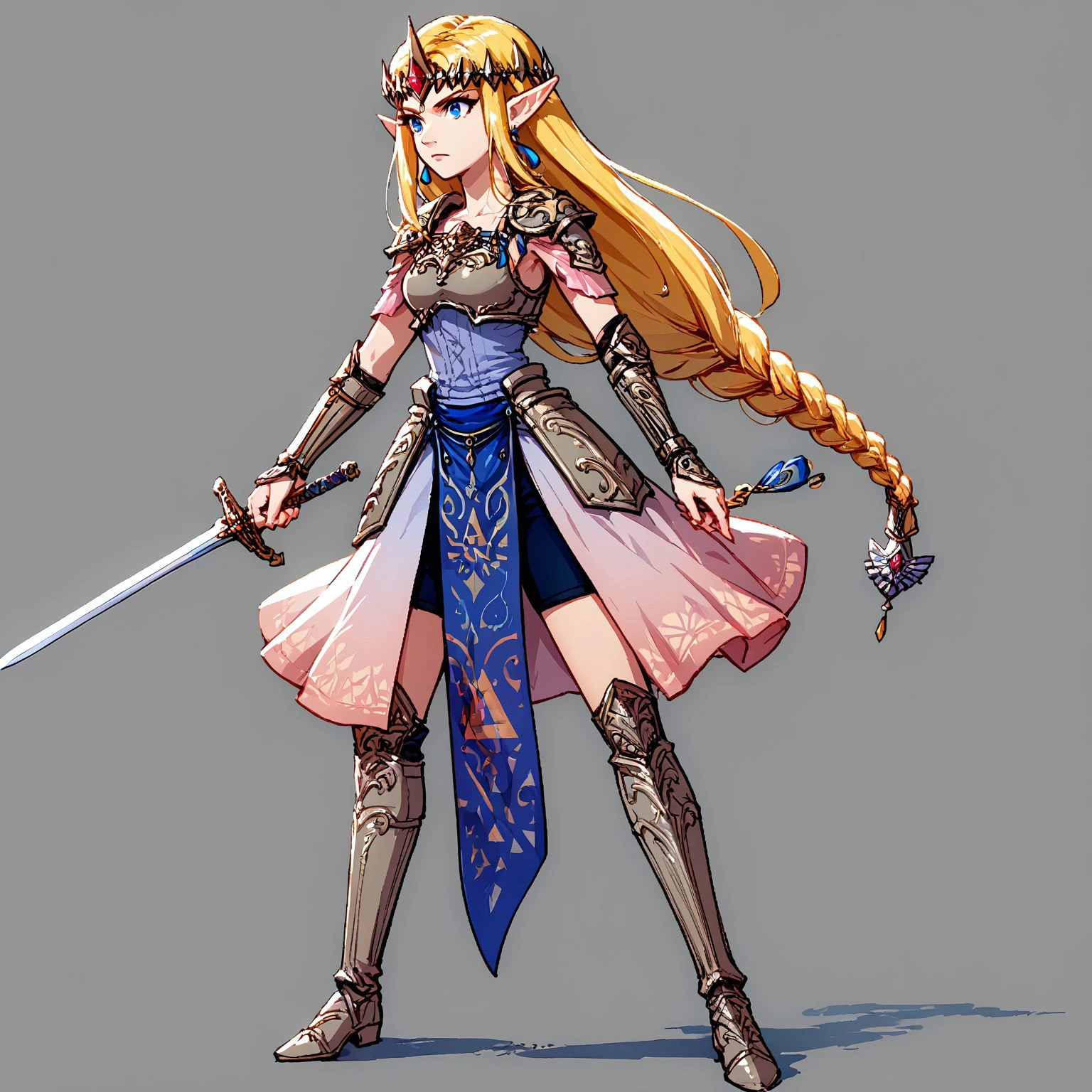 1girl, armor, armored_dress, blonde_hair, blue_eyes, braid, earrings, faulds, female_focus, greaves, holding sword, jewelry, long_hair, pauldrons, pelvic_curtain, pointy_ears, shorts, shorts_under_skirt, shoulder_armor, showgirl_skirt, solo, sword, tiara, vambraces, very_long_hair, weapon