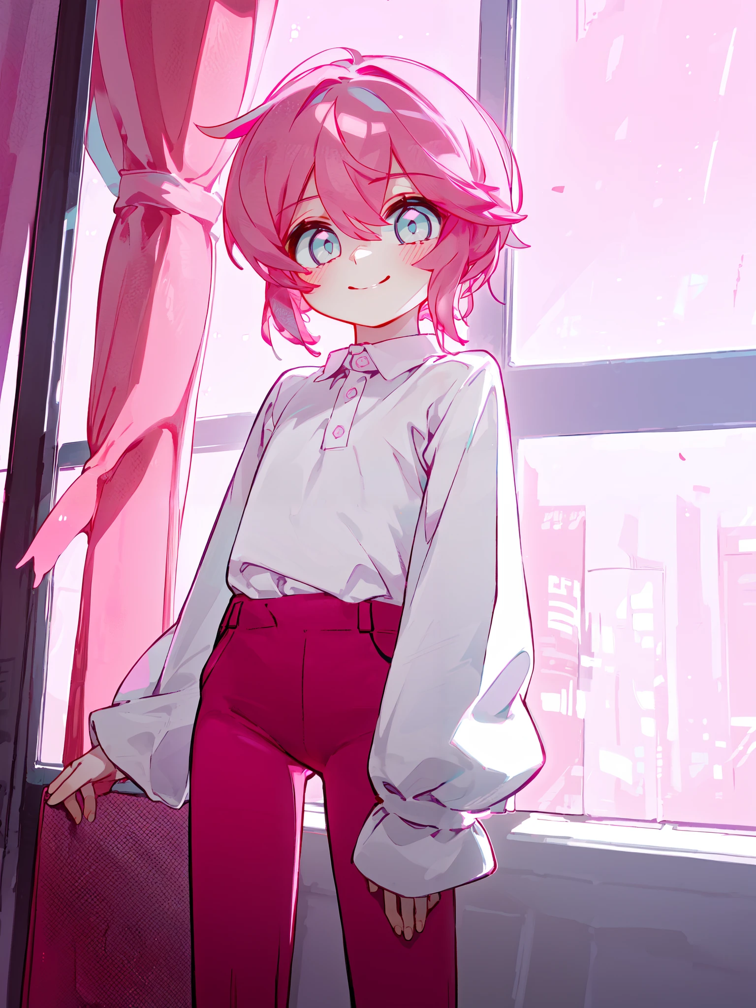 <lora:StrawCrepe5:0.8> SBCC, androgynous, short hair, white shirt, volumetric lighting, solo, smile, indoors, red pants, long sleeves, pink hair, best quality, masterpiece, high quality, highres, upper body, <lora:GoodHands-vanilla:1>