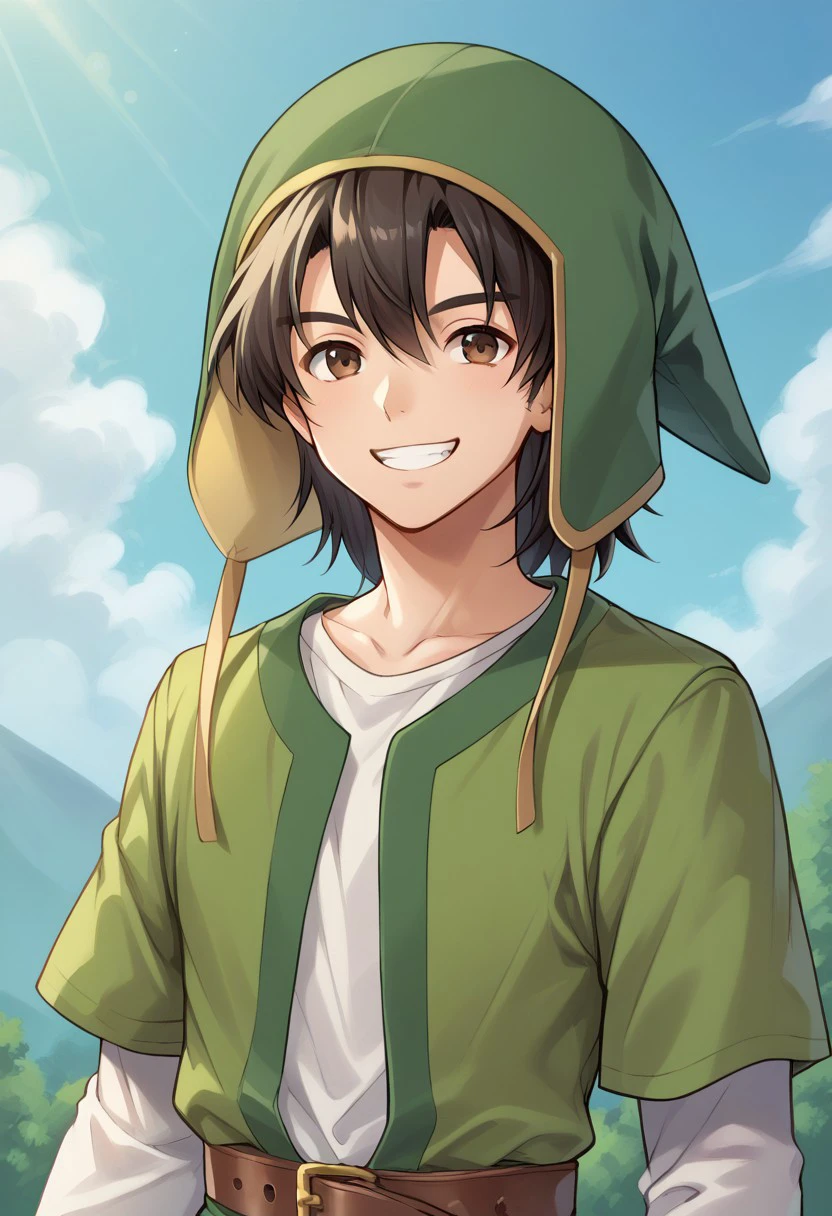 score_9, score_8_up, score_7_up, source_anime, highly detailed, 
herodq, 1boy, male focus, solo, black hair, hat, green headwear, brown eyes, shirt, white shirt, tunic, green tunic, layered sleeves, short over long sleeves, belt, upper body, smile, grin, looking at viewer,
outdoor, wood,  sky,