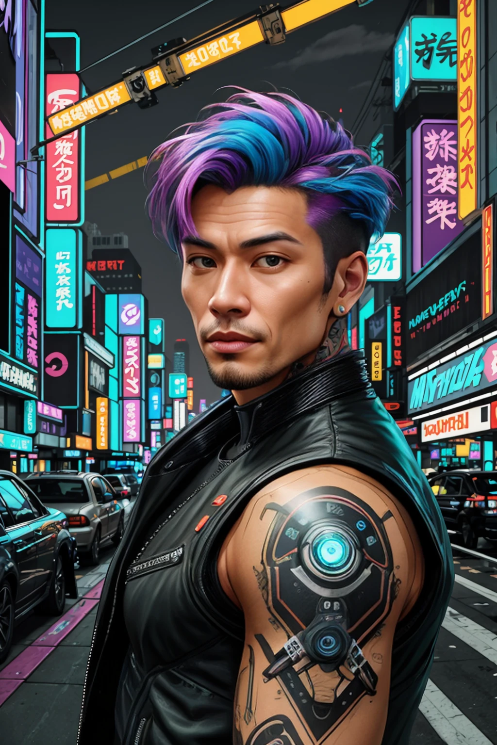 Color photo, male focus, candid, Pno, dyed hair, robotic implants, tattoo, cyberpunk, vaporwave, outdoors, neo-tokyo 2060 <lora:PinoAgbayani_v2:1>