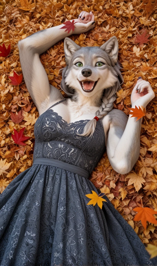 score_9, score_8_up, score_7_up, gray anthro female wolf, green eyes, gray fur, Gray braided hair, gray twin braids, furry,  fluffy gray fur, armpits,  fluffy tail, (( in a big Pile of autumn leaves)), autumn leaves covering body, hiding in autumn leaves, falling leaves, catching leaves, laughing, laughing eyes, close up face, (((dress))) rating_safe