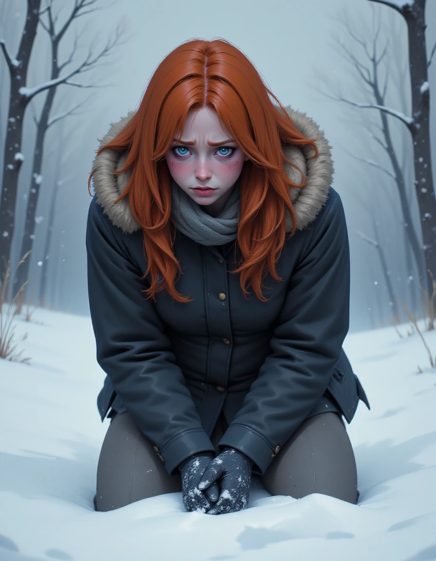 A desolate ginger woman freezing to death kneels with a sorrowful expression, her long hair cascading around her. The background is cold, snowing violently, emphasizing her isolation. This evocative image, perhaps a melancholic painting, captures the woman's pain and solitude with exquisite detail. Her downcast eyes and hunched stance convey a sense of deep melancholy, drawing viewers into the emotional depth of the scene.  <lora:BStyle:1.5> bstyl3