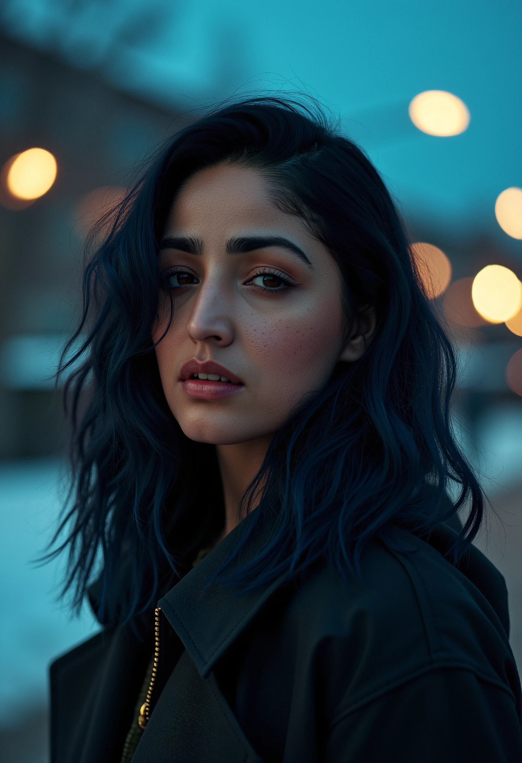 YamiGautamFlux, cinematic photo (art by Mathias Goeritz:0.9) , photograph, Lush Girlfriend, Tax collector, Rich dark blue hair, Winter, tilt shift, Horror, specular lighting, film grain, Samsung Galaxy, F/5, (cinematic still:1.2), freckles . 35mm photograph, film, bokeh, professional, 4k, highly detailed