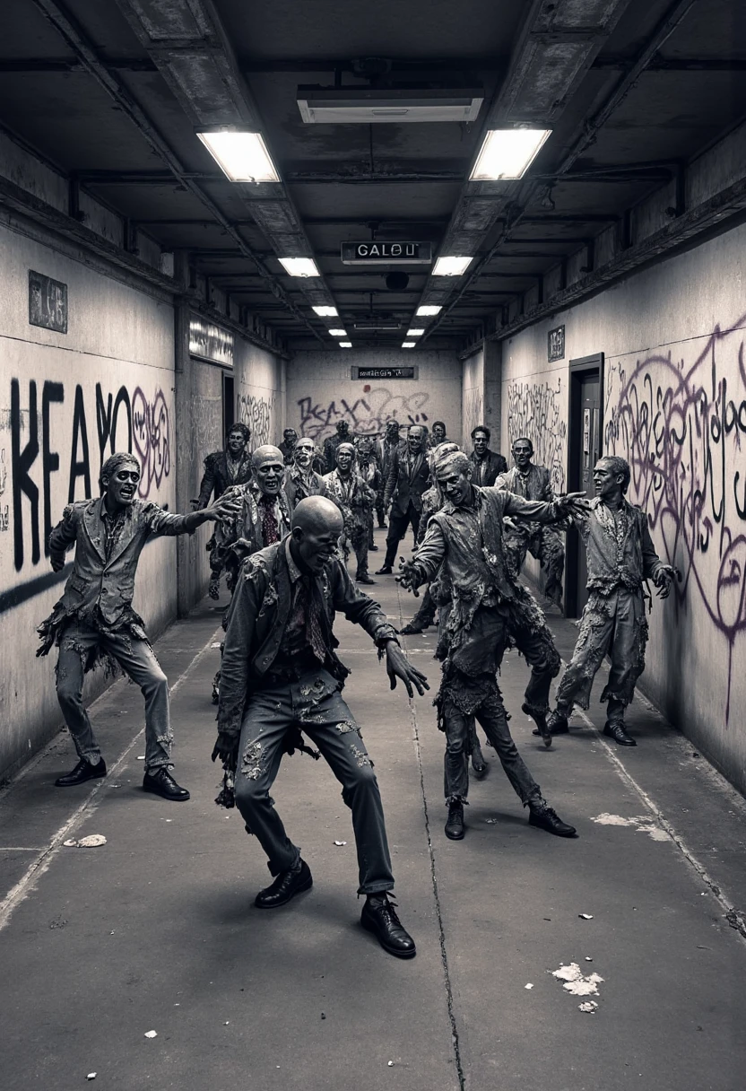 In an abandoned subway station, zombies perform a choreographed dance, surrounded by graffiti-covered walls. Drawn in bold, inky lines, with exaggerated shadows, the zombies’ faces are contorted with unnatural, cartoonish grins. Emergency lights flicker, illuminating the scene with harsh, unsettling contrasts.