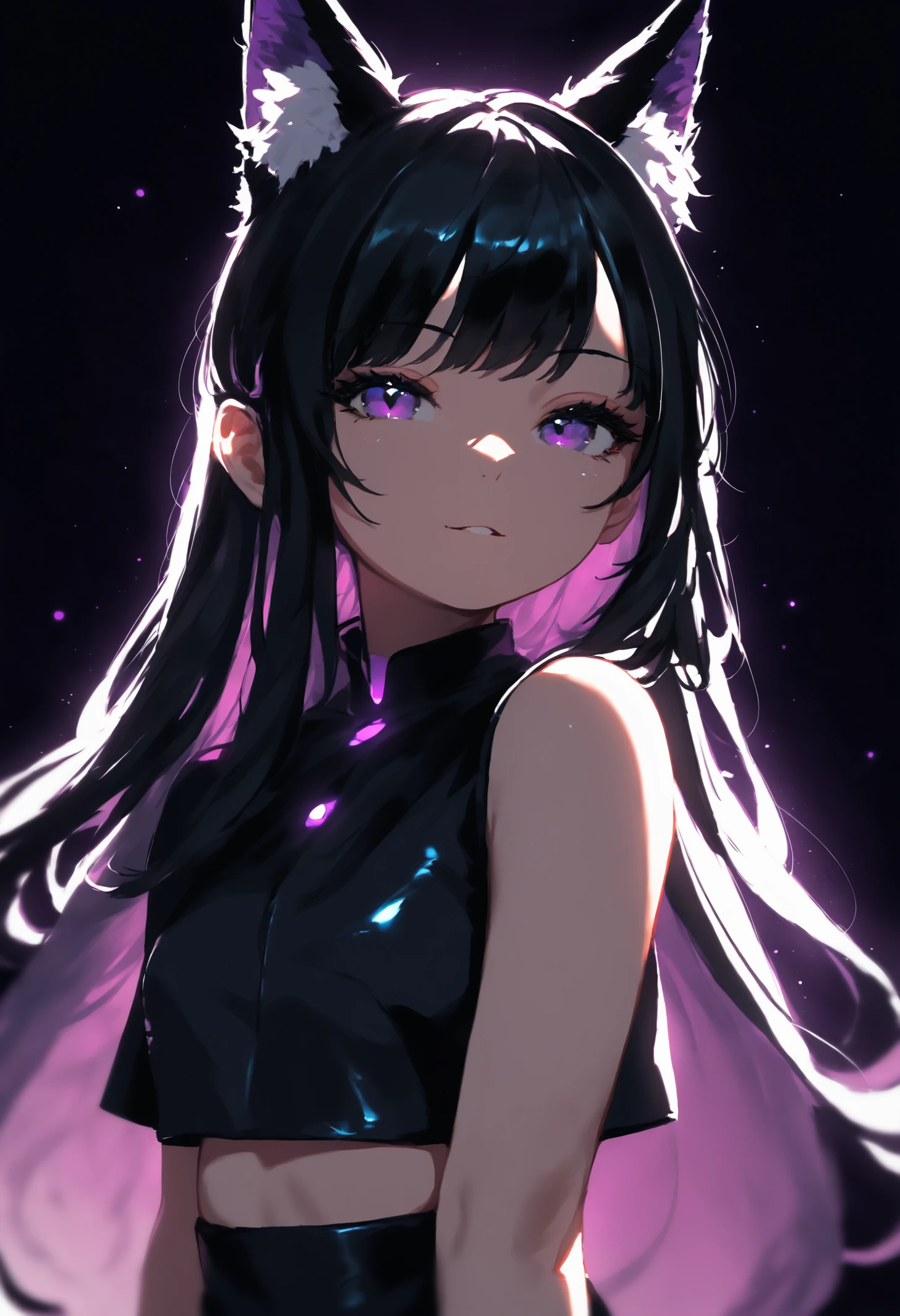 score_9, 1girl, black hair, purple eyes, long hair, bangs, dark background, backlighting, teasing face, colorfully vibrant, fox ears, looking at viewer, head tilt, hair behind ear