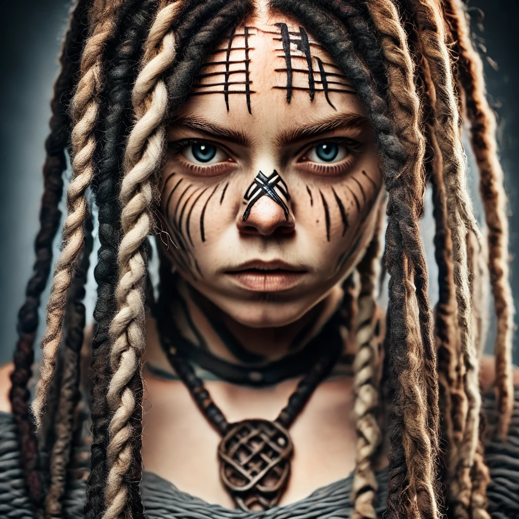 dreadx professional studio portrait of a viking girl with dreadlocks, made of intricate dreadlocks, professional lighting, cinematic dark background, dark<lora:dreadx:1>