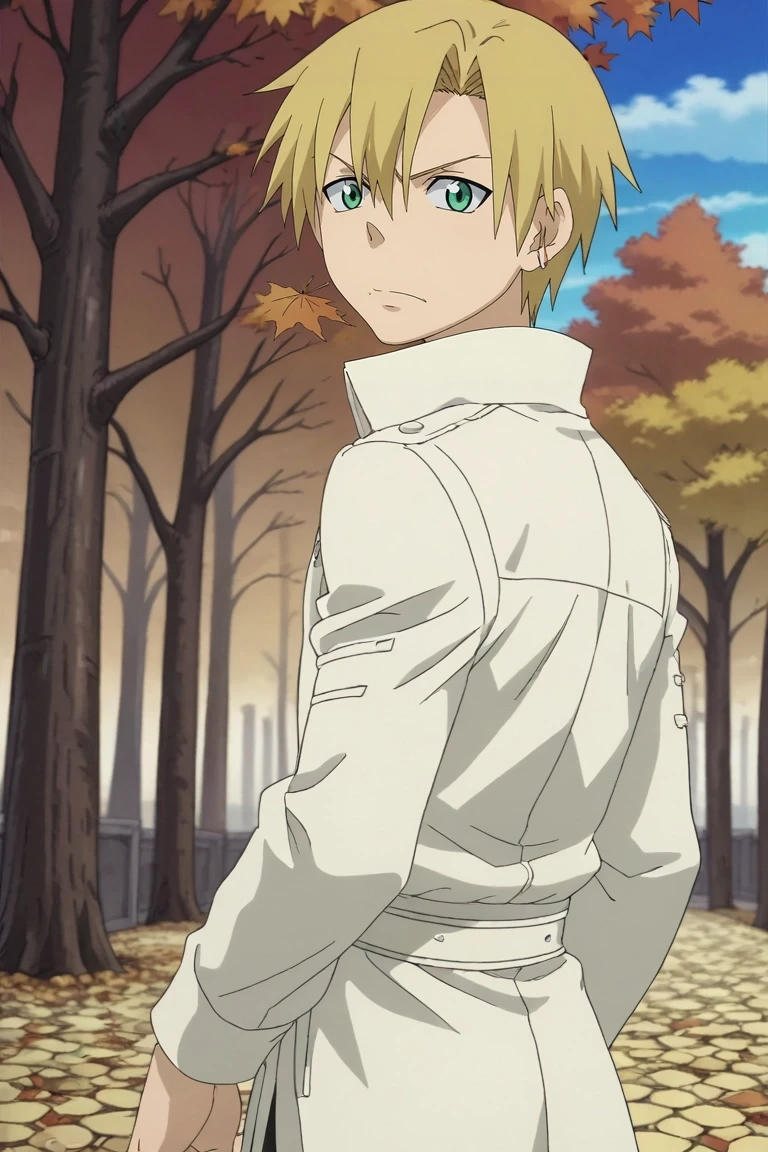 score_9, score_8_up, score_7_up, source_anime, rating_safe, intricate details, anime screencap, anime coloring, , , , 1boy, solo, male focus, <lora:hiro_soul_eater_pony:0.94>, hiro_soul_eater, blonde hair, green eyes, wide angle, wide shot, cowboy shot, trees, autumn, leaves, midnight, looking back, angry, , <lora:sdxl_lightning_8step_lora:1>