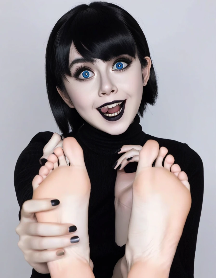 core_9, score_8_up, score_7_up  Mavis pale skin, freckles big beautiful blue eyes and short jet black hair with v-fringe hair cut bangs , showing her feet close to the viewer sole of her feet detailed 