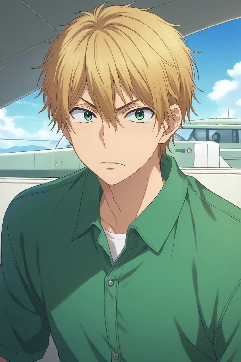 score_9, score_8_up, score_7_up, source_anime, rating_safe, , (realistic:0.6), looking at viewer, , 1boy, solo, male focus, <lora:nozomu_nanashima_pony:0.78>, nozomu_nanashima, blonde hair, green eyes, short hair, hair between eyes, focused, plane, day, slouching, tearing up, ,, <lora:sdxl_lightning_8step_lora:1>