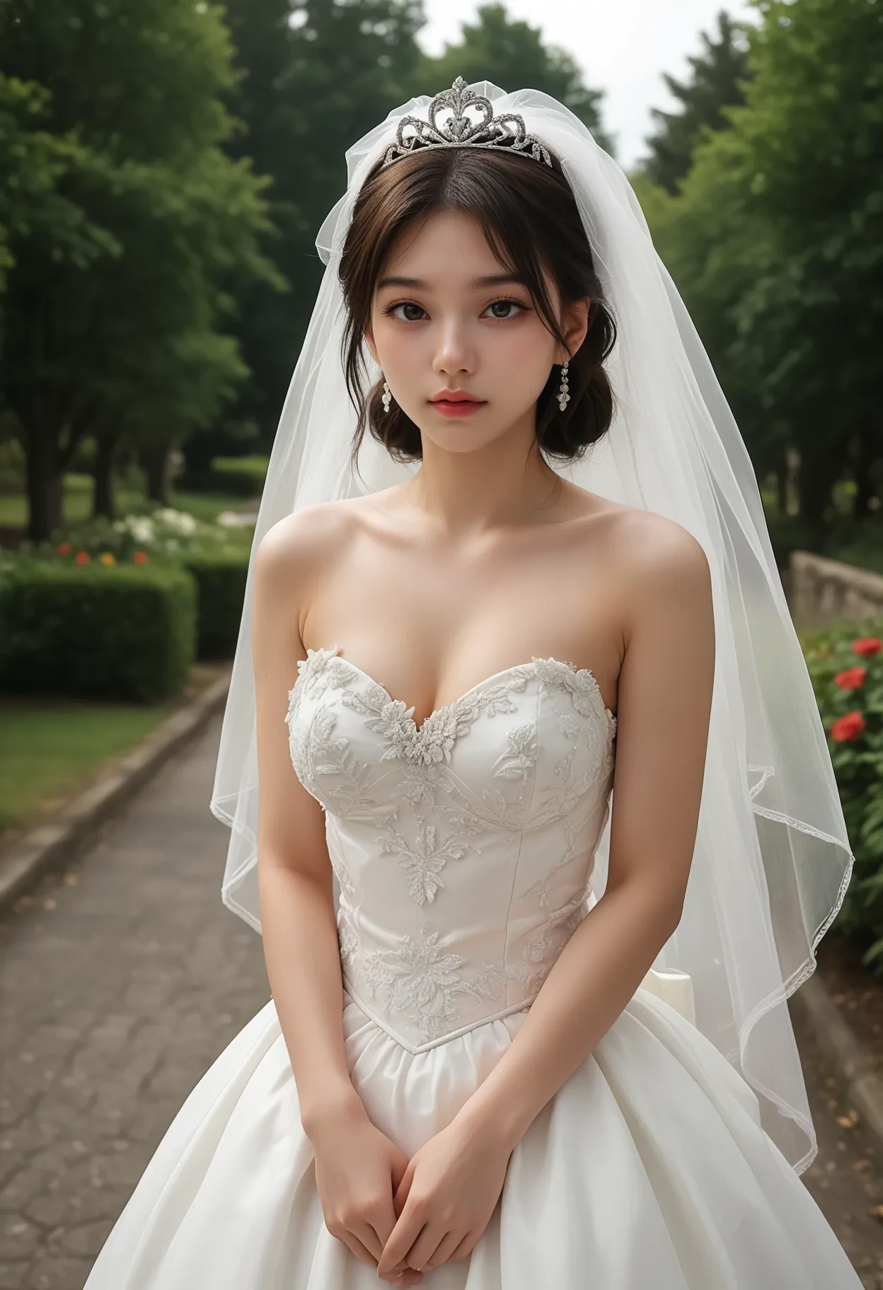 Gorgeous Wedding Dress、8k、Frills、Embarrassed face、Depiction from diagonally below、See-through