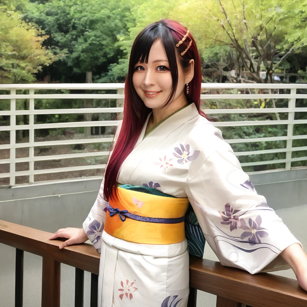 <lora:Pony_-_IYO_SKY:1>, 1yosky,1girl, solo, japanese clothes, kimono, realistic, smile, black hair, earrings, jewelry, looking at viewer, lips, sash, hair ornament, white kimono, railing, brown eyes, red hair, multicolored hair