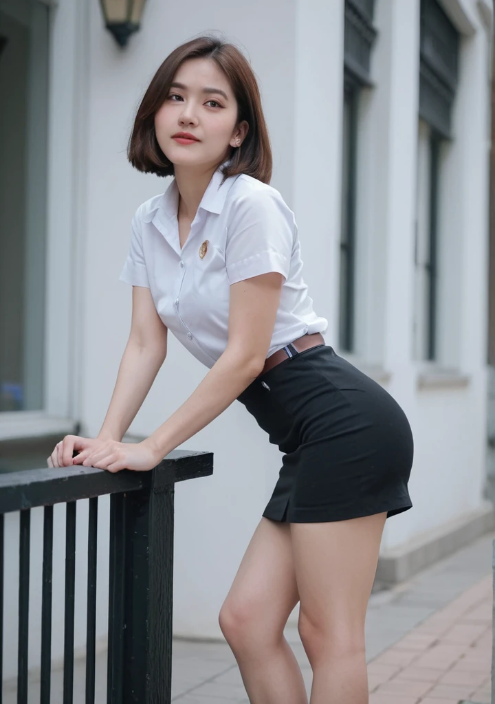 score_9,score_8_up,score_7_up,beast_quality,masterpiece,film tone,nisit, 1girl,short sleeves, white shirt,  black skirt, pencil skirt ,<lora:nisit:0.7>,leaning forward,looking at viewer