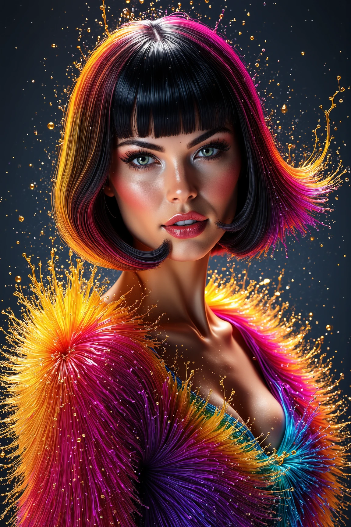 This vibrantly detailed image featuring a shapely Spanish woman. (Her figure from chest to hips is wrapped  with a flashy FLS intense splatter fluffy fur:1.4), contrasting with the dark background. (Faint smile. A pure diamond of youth beauty and charm:1.3). (Vibrant colors, fine details). Her  glossy hair is impeccably styled in a sharp geometric bob that frames her face perfectly, with blunt bangs that rest just above her eyebrows. The hair shines with a mirror-like finish, reflecting light and adding to the polished, almost metallic look. 
<lora:flux_fluffysplash_fls:1>