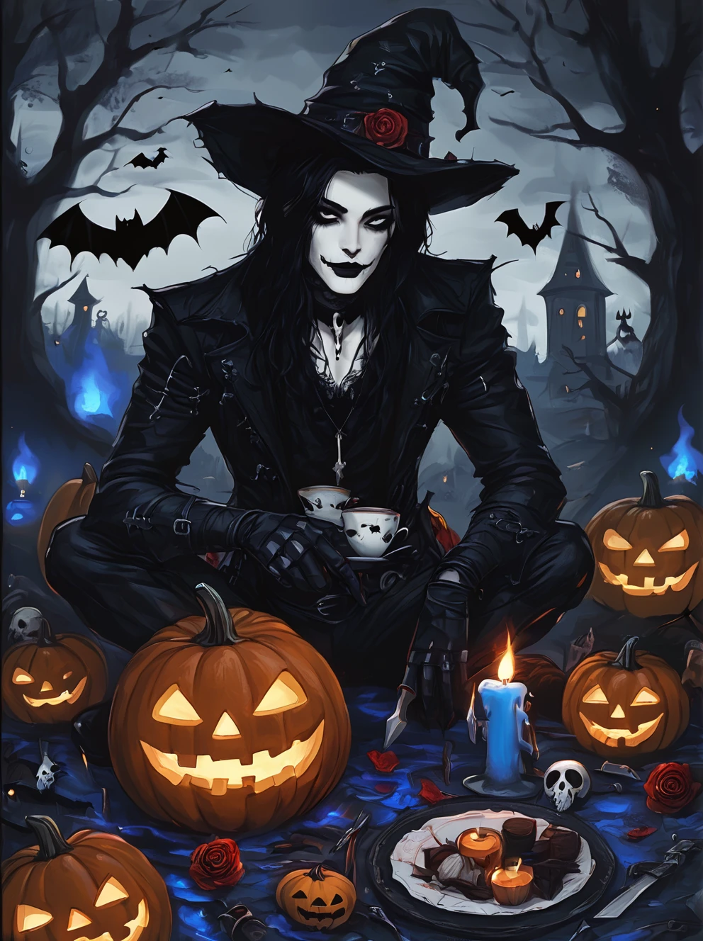 ,shengdanjie,jack-o'-lantern,bat \(animal\),black hair,knife,hat,pumpkin,solo,1boy,skull,halloween,rose,gothic,cup,tree,candle,food,weapon,red rose,pale skin,red flower,necklace,dagger,jewelry,black lips,teacup,gloves,plate,(surrounded by blue flames:1.3),<lora:Halloween-wwm:0.7>