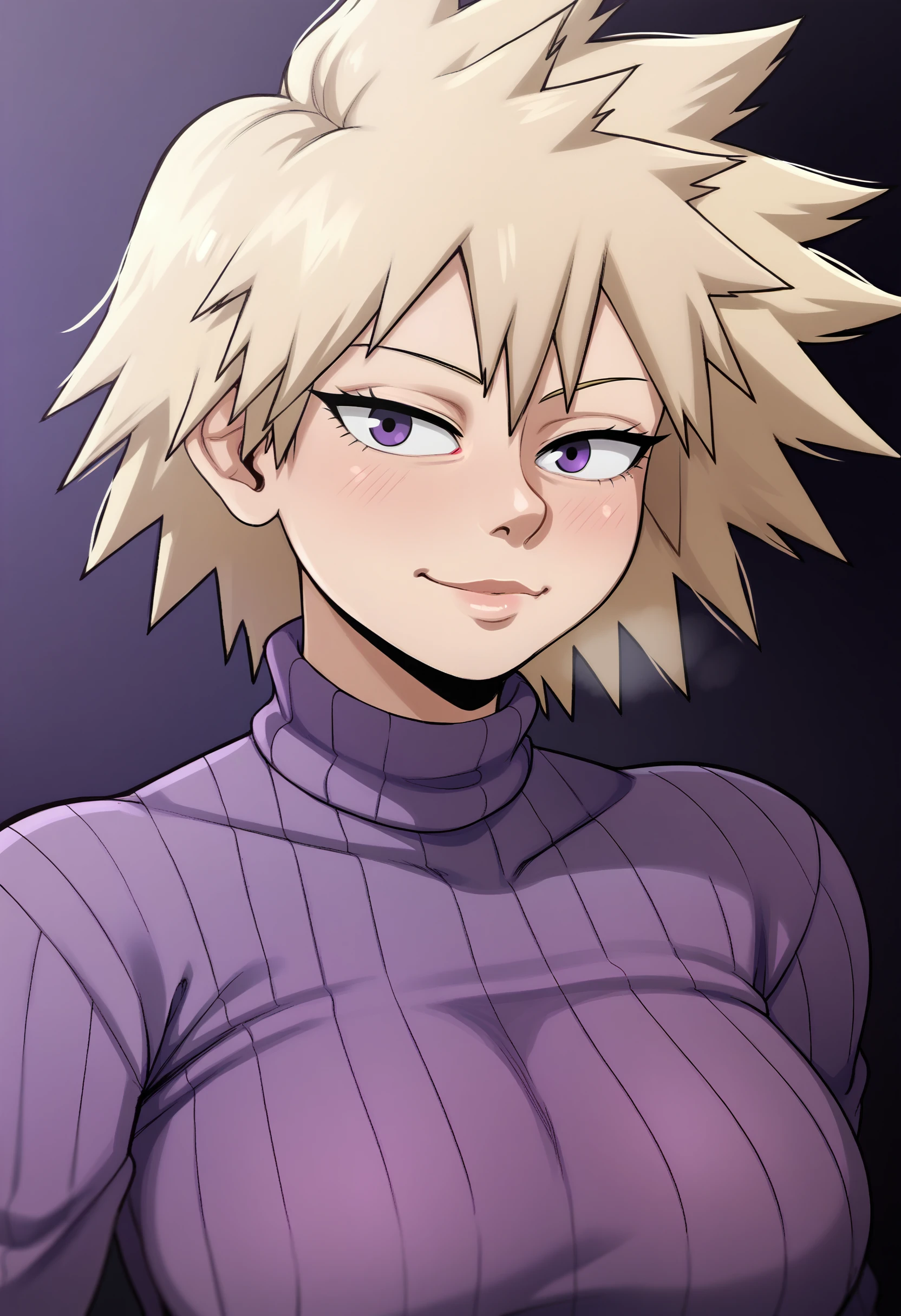 <lora:blackwhiplash-guy-PONY-DORAv1:1>, blaash, score_9, score_7_up, 1girl, solo, purple shirt, ribbed sweater, blonde hair, mature female, portrait, looking at viewer, simple background, presenting, depth of field, bakugou mitsuki