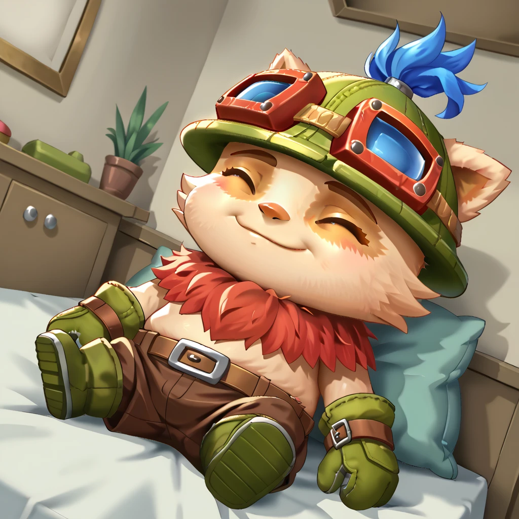 <lora:Expressive_H:0.5> Expressiveh, (dutch angle), (indoors), three-quarter view, <lora:teemo-v1:0.75> wrlolteemob, yordle, (teemo), 1boy, solo, (gnome), cub, green headwear, goggles on headwear, green mittens, belt, brown pants, green boots, blue hair, closed eyes, lying,