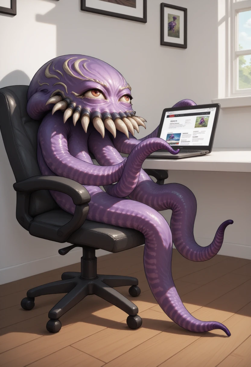 <lora:Ultros_-_Final_Fantasy_FLUX:1.1>
Photograph of a creature named Ultros, purple octopus with 8 tentacles, sitting on an office chair, typing on a laptop keyboard. There is a website visible on the laptop screen: "CivitAI".