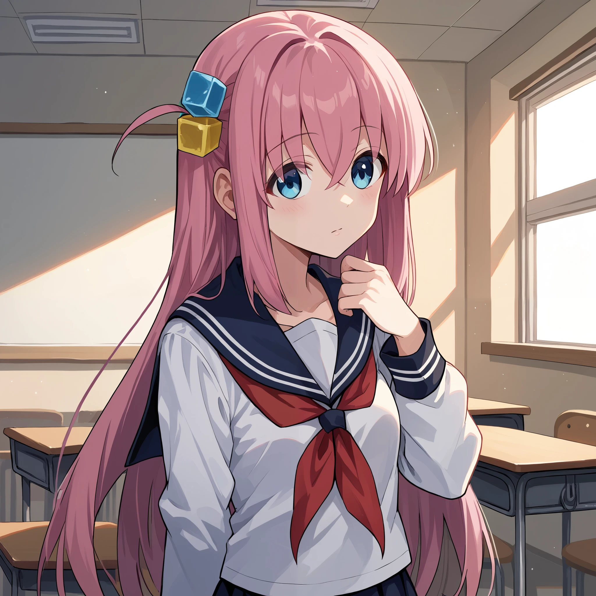 score_9, score_8_up, score_7_up, score_6_up, score_5_up, score_4_up, BREAK source_anime, look at viewer, rating_safe,  1girl, solo, masterpiece, best quality,  bocchidef, blue eyes, pink hair, long hair, cube hair ornament,  school uniform, neckerchief, sailor collar, white shirt, pleated skirt, skirt, long sleeves, serafuku, black socks, classroom, indoors,