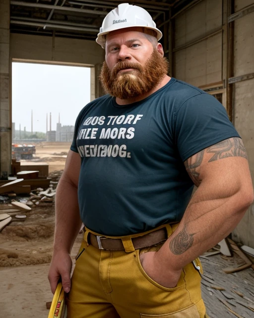  A super heavy bodybuilder gray and blonde haired Scandinavian firefighter with a yellow firefighter helmet on his head and no shirt. A full body obese bodybuilder with a very sweaty body An extremely muscular and extremely fat old man over 70 years old weighing over 600 pounds Very muscular very hairy, con grandes. pectorales con pezones oscuros y ginecomastia en un medio de un gran incendio forestal vistiendo pantalones de bombero amarillos