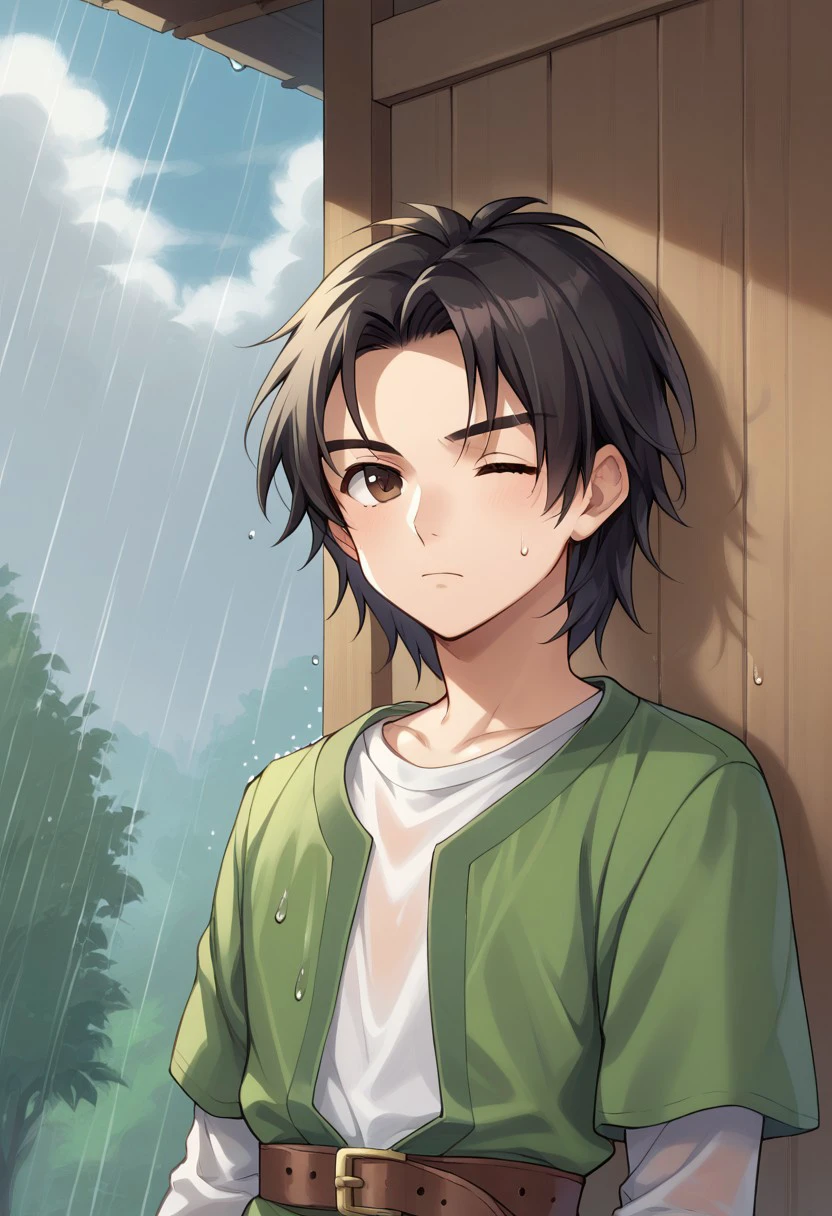 score_9, score_8_up, score_7_up, source_anime, highly detailed, 
herodq, 1boy, male focus, solo, black hair, brown eyes, shirt, white shirt, tunic, green tunic, layered sleeves, short over long sleeves, belt, upper body, one eye closed, rain, wet hair, frown, wet,
outdoor, wood,  sky, clouds, rain,