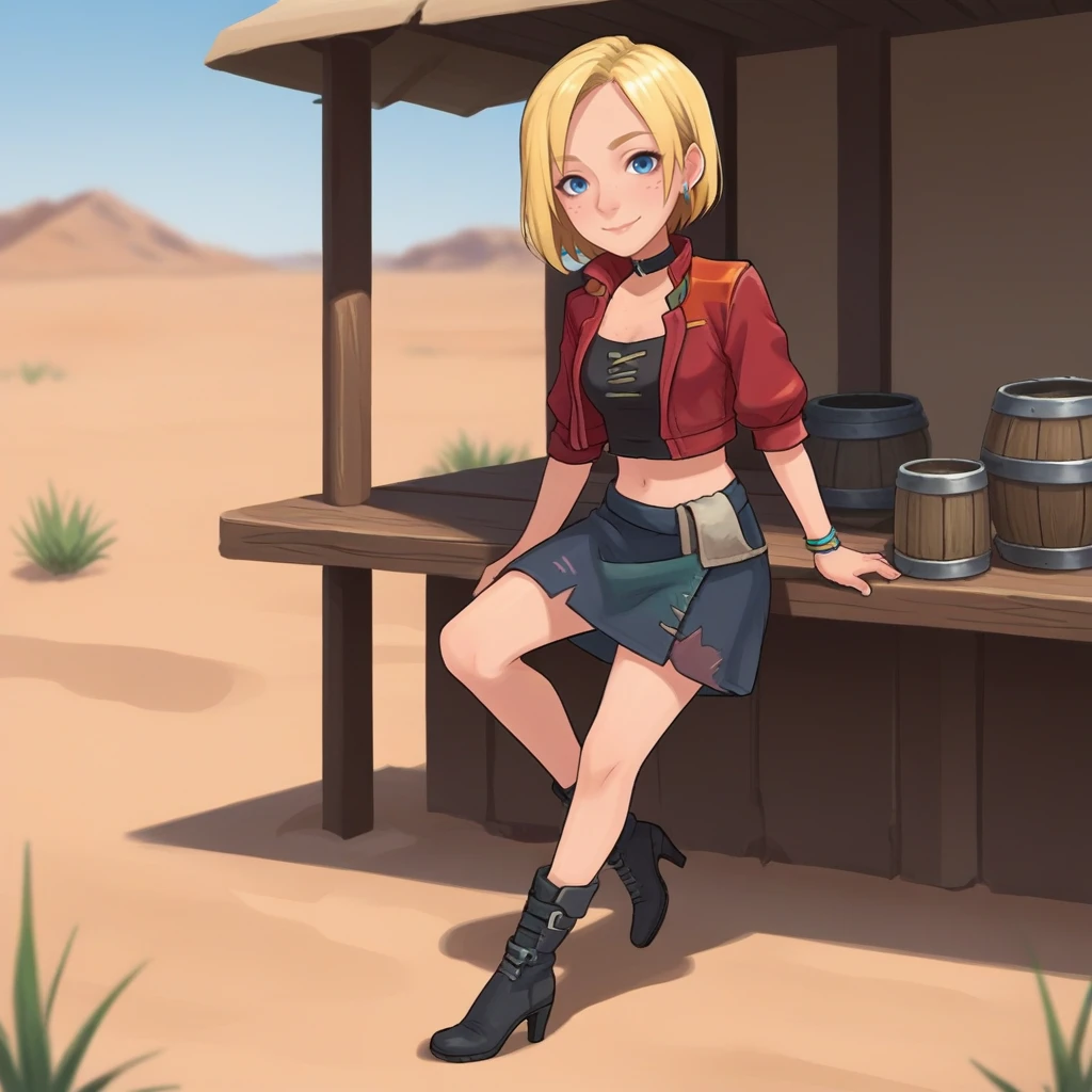 score_9, score_8_up, score_7_up, score_6_up, score_5_up, score_4_up, zPDXL2,source_anime,rating_questionable,  1girl,  looking at viewer, smile,  outdoors, desert, tavern, <lora:Grace_-_My_Time_at_Sandrock:0.8> Grace_MTaS,short hair, blonde hair, blue eyes, freckles, choker,  red jacket, black shirt, midriff, navel, skirt,  ankle boots, high heels, bracelet, earrings