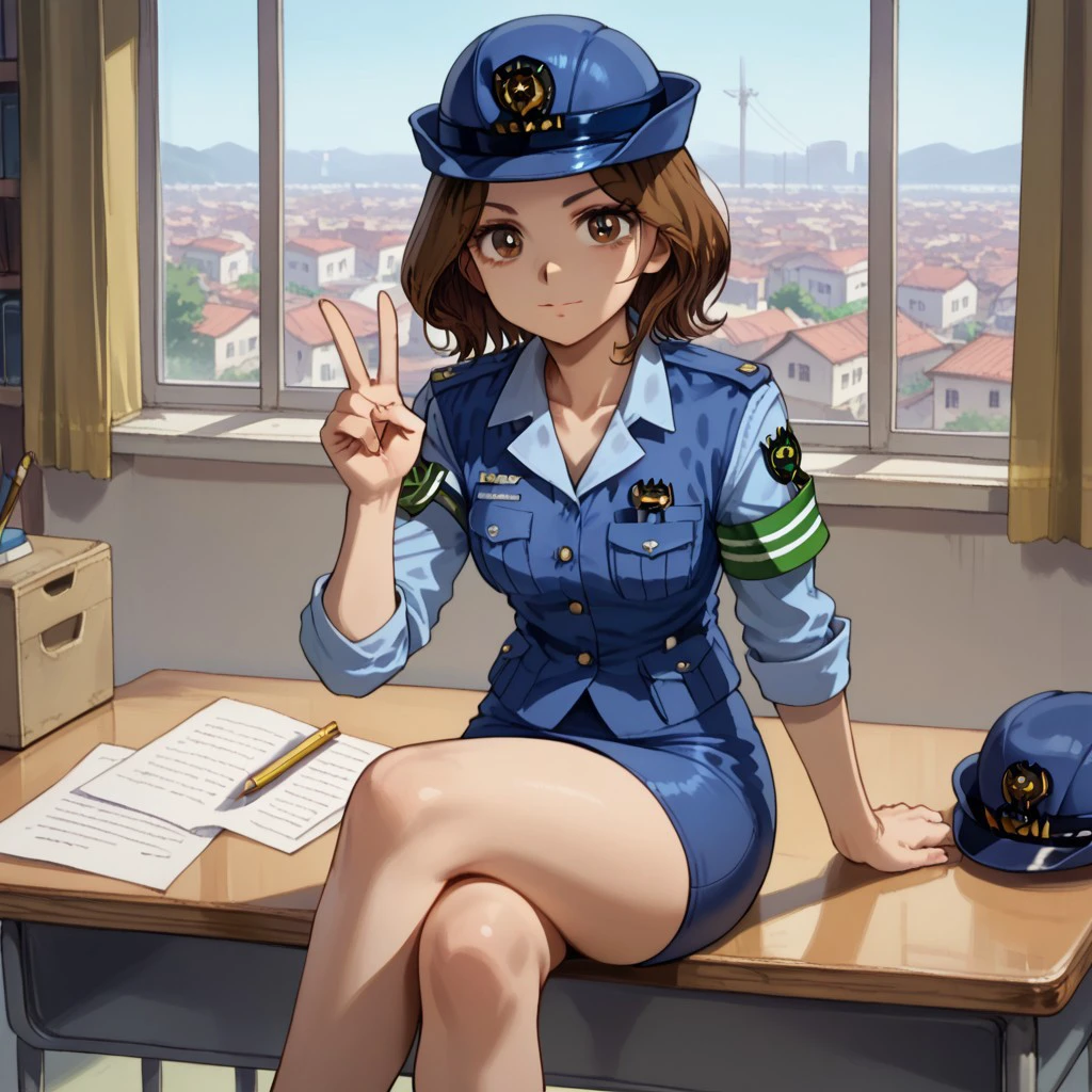 score_9, score_8, score_7, break, solo, kiyoka_k, brown hair, hat, brown eyes, police uniform, pencil skirt, sitting, desk, looking at viewer, crossed legs, v, green armband