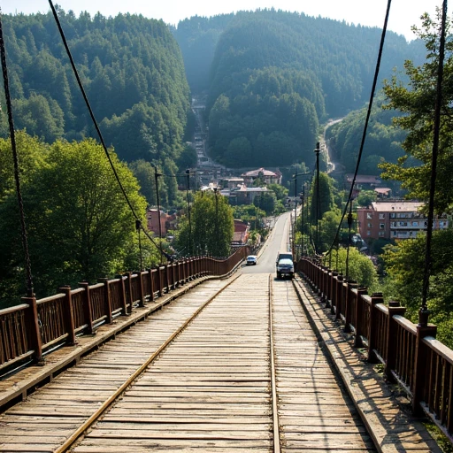 stretches from the foreground towards the background, with its distinctive cable-stayed design, sunlit scene of a small village nestled in the heart of a valley surrounded by dense, its planks made of weathered, showcasing the passage of time and the elements., light gray car, green forests. The village