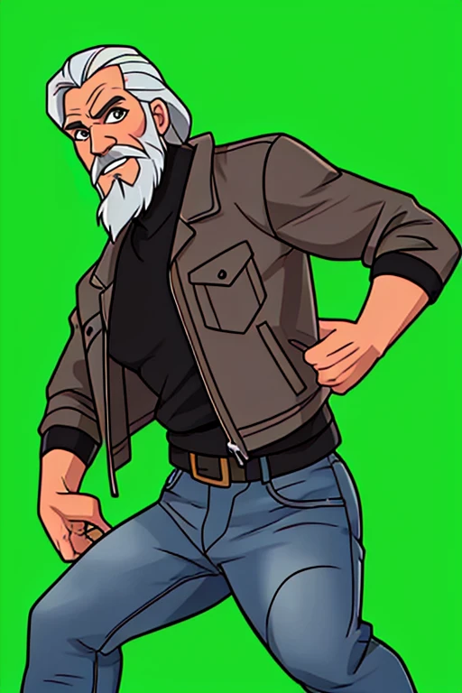 cartoon illustration, rugged old man, beard, grey hair, leather jacket, jeans pants, epic, dynamic, cinematic, medium shot, <lora:Green_Screen_Character:0.85> green background, simple background, extreme sharp, extreme detailed, HD, HDR, 8K, best quality, best resolution, Focused, Centered, Masterpiece, professional, artstation